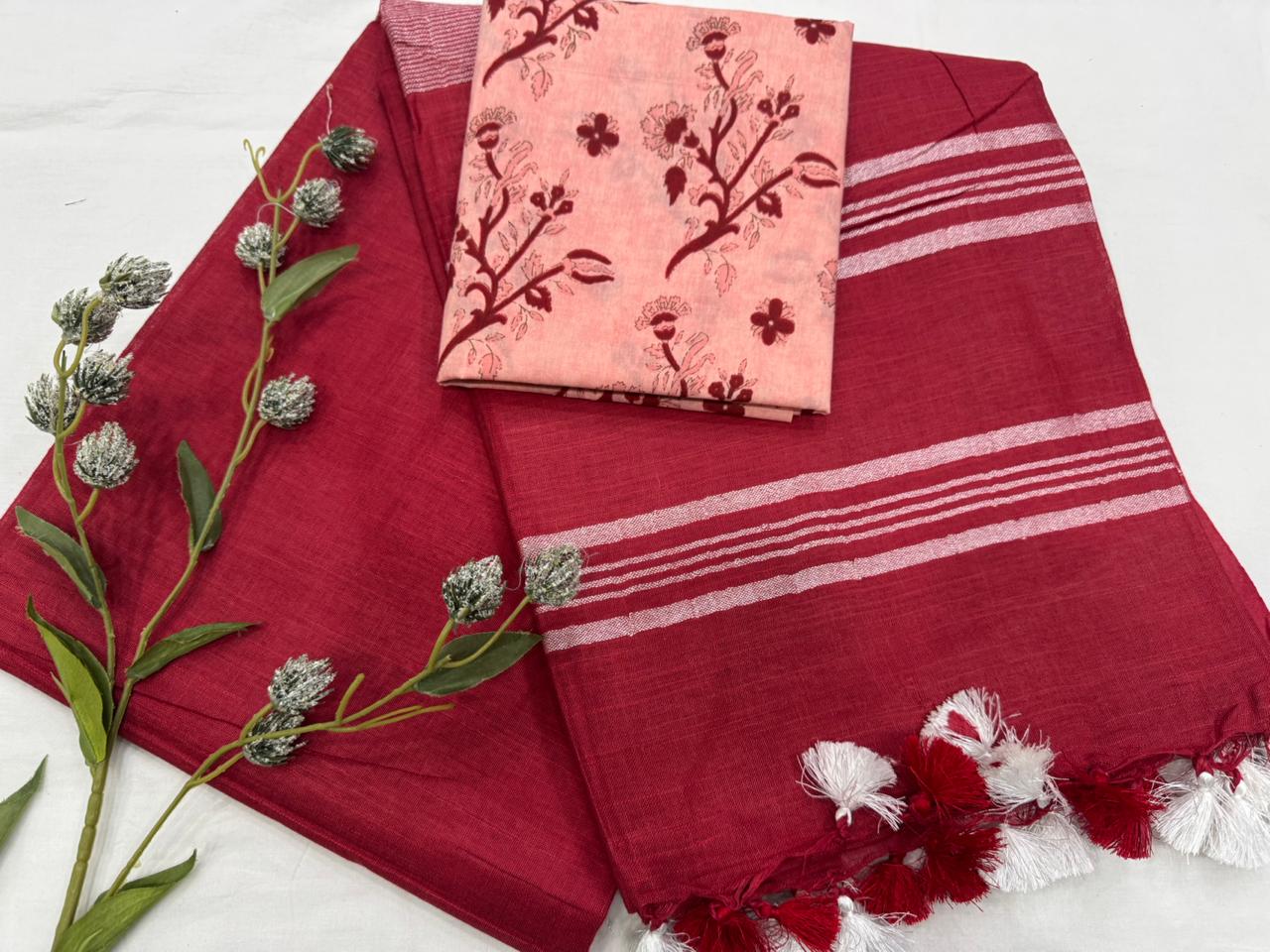 Handloom Linen Cotton Saree with Printed Blouse Piece 1500/- + Shipping