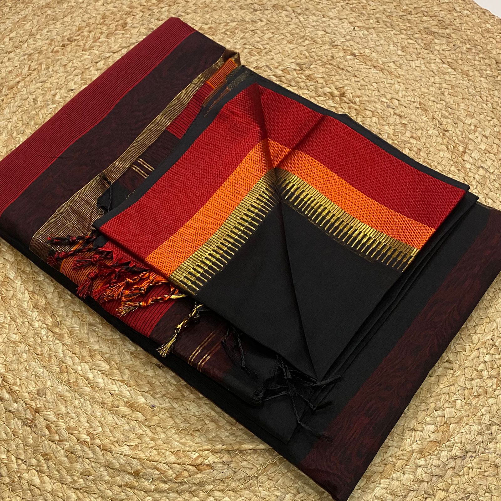 Traditional Multi-Resham border Maheshwari handloom saree in black colour 3500/- + Shipping