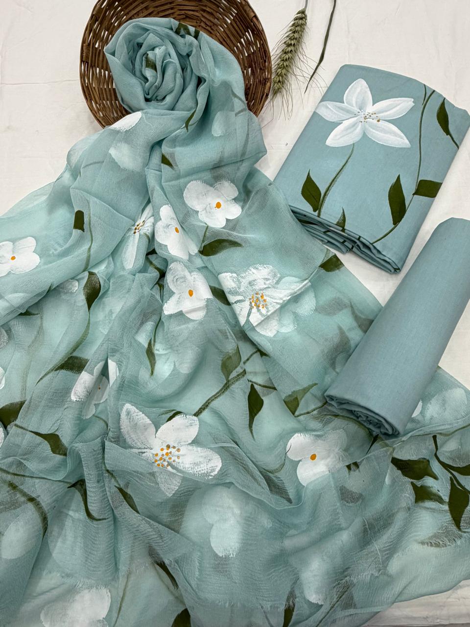 Mint Green Floral Organza Suit set with multiple colors and design 1100/- + shipping