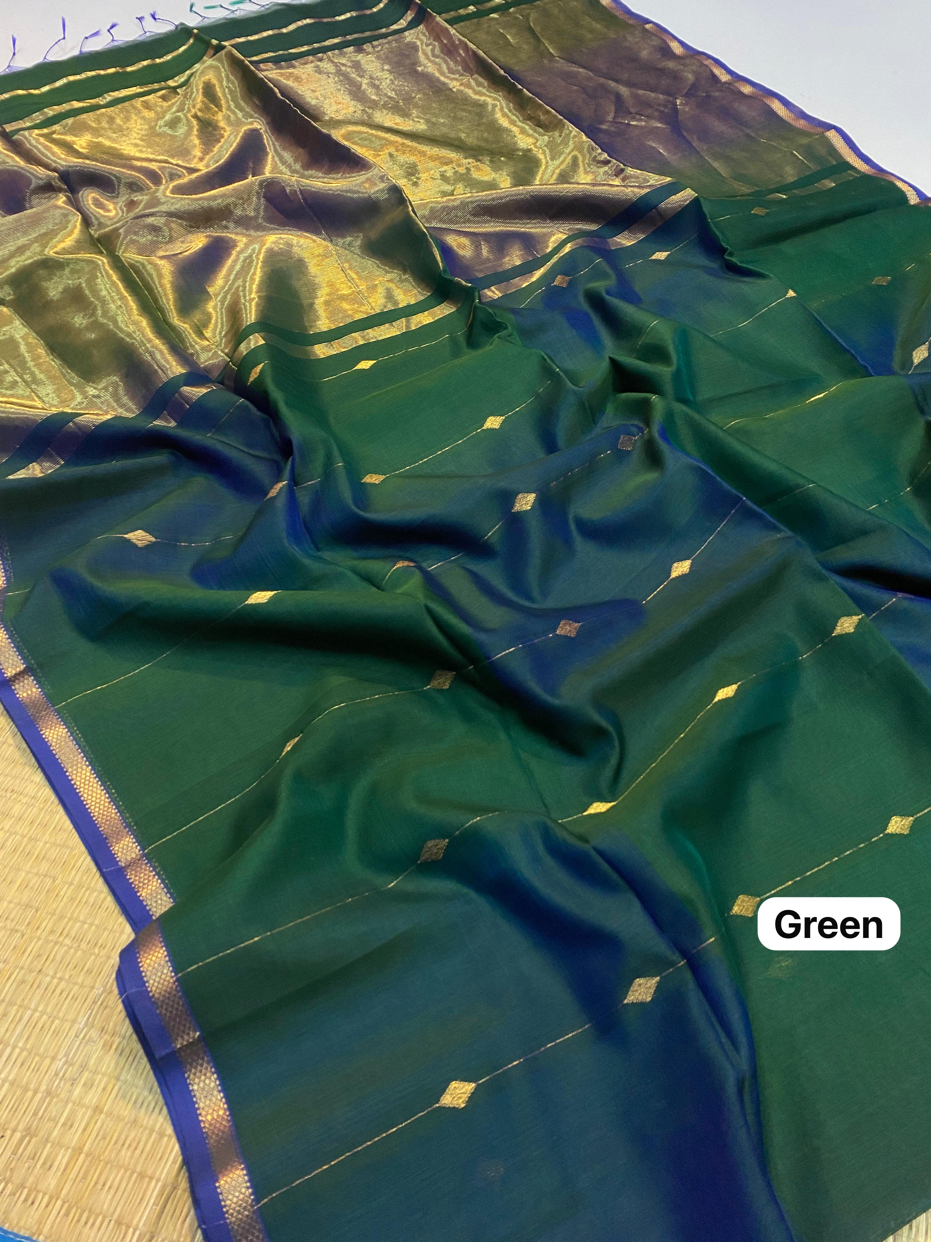 Traditional Maheshwari Handloom dual tone small border butti line saree 3500/- = Shipping