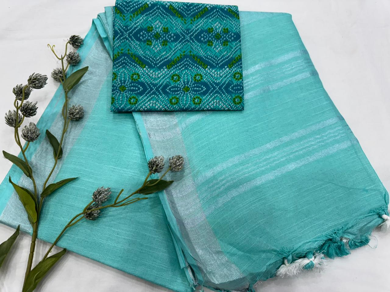 Handcrafted Cotton Linen Saree with printed cotton blouse 1500/- + Shipping