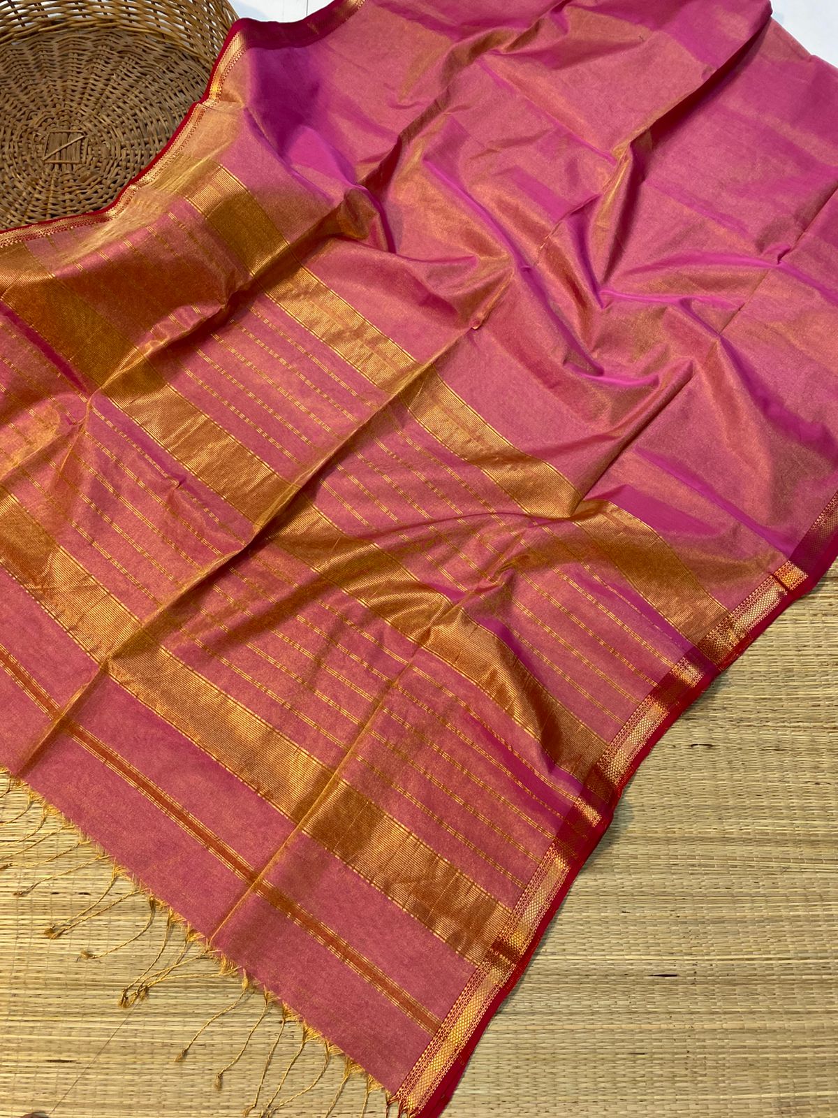 Red Border Full Tissue Maheshwari Handwoven Silk Saree 3750/- = Shipping