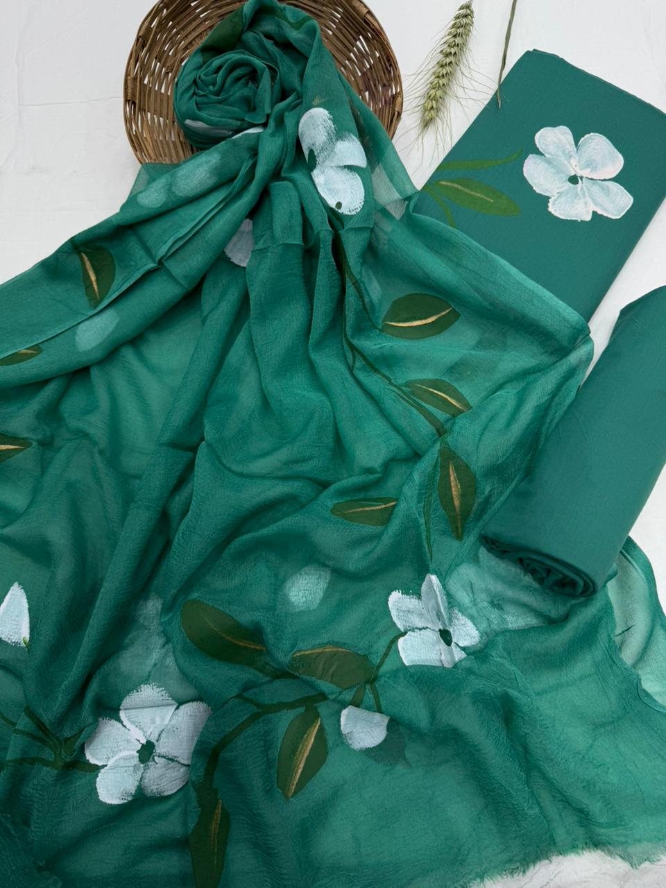 Hand-Painted Floral Chiffon Suit with multiple designs