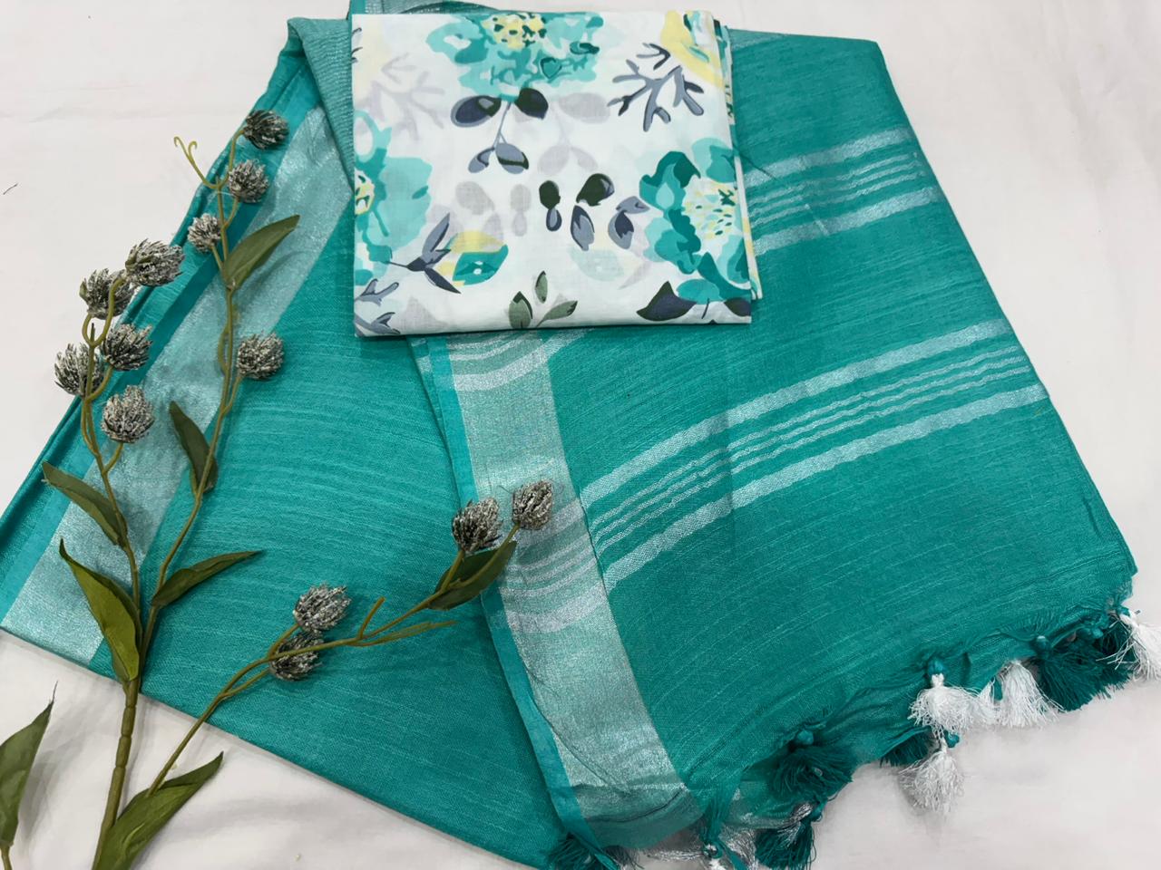 Handcrafted Cotton Linen Saree with printed cotton blouse 1500/- + Shipping