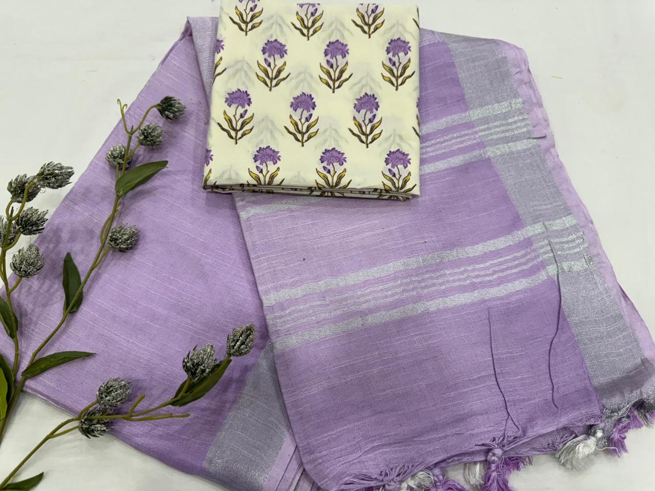 Handcrafted Cotton Linen Saree with printed cotton blouse 1500/- + Shipping