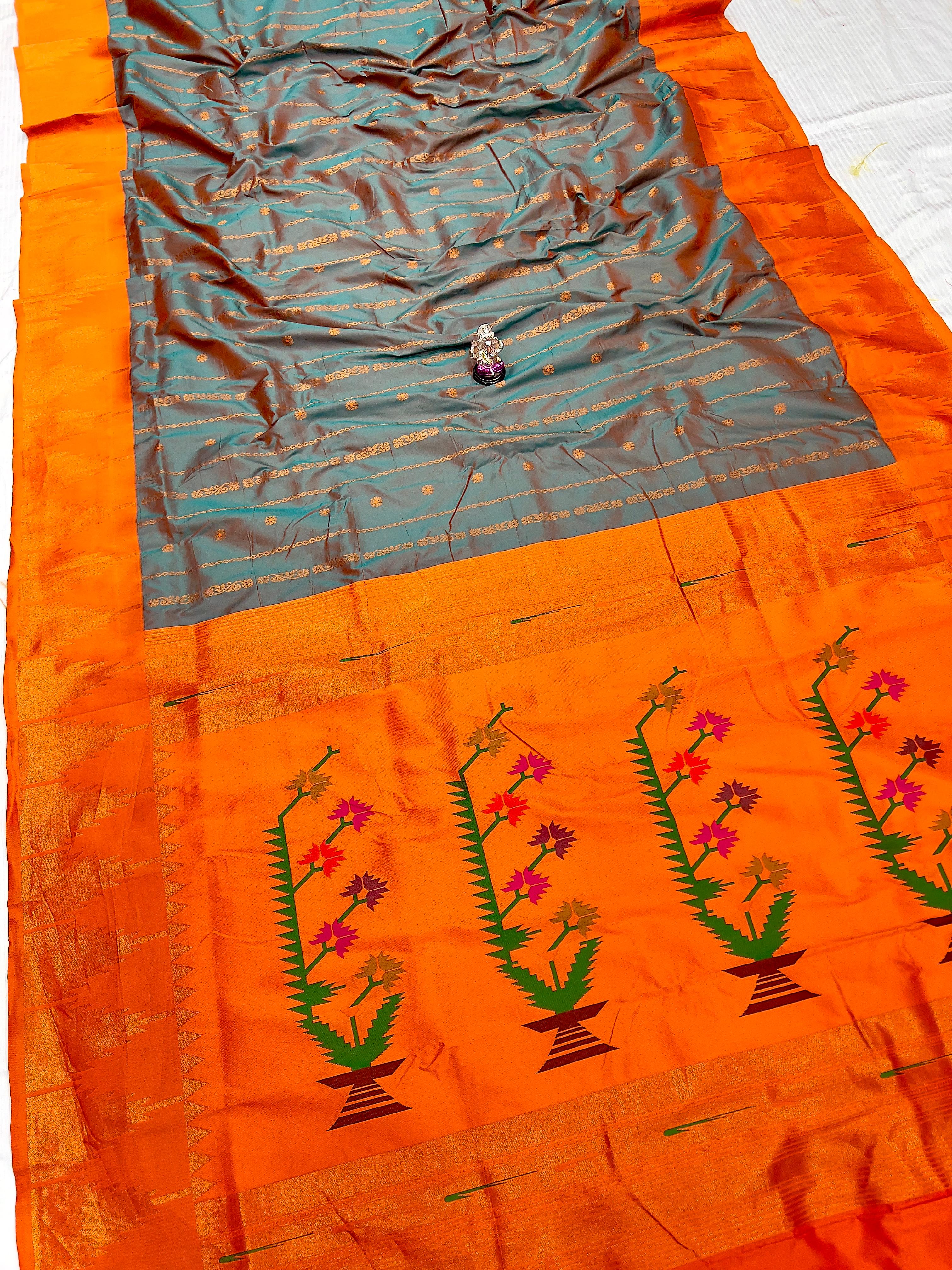 Elegant Orange Temple Irkal Paithani Silk Saree 3000/- + Shipping