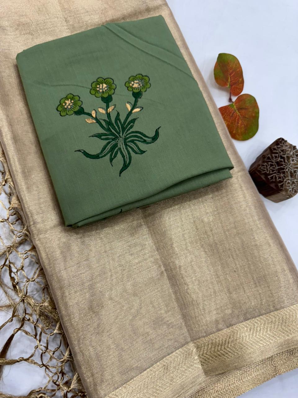 Elegant Tissue Silk Saree with Contrast Embroidered Blouse 2000/- + Shipping