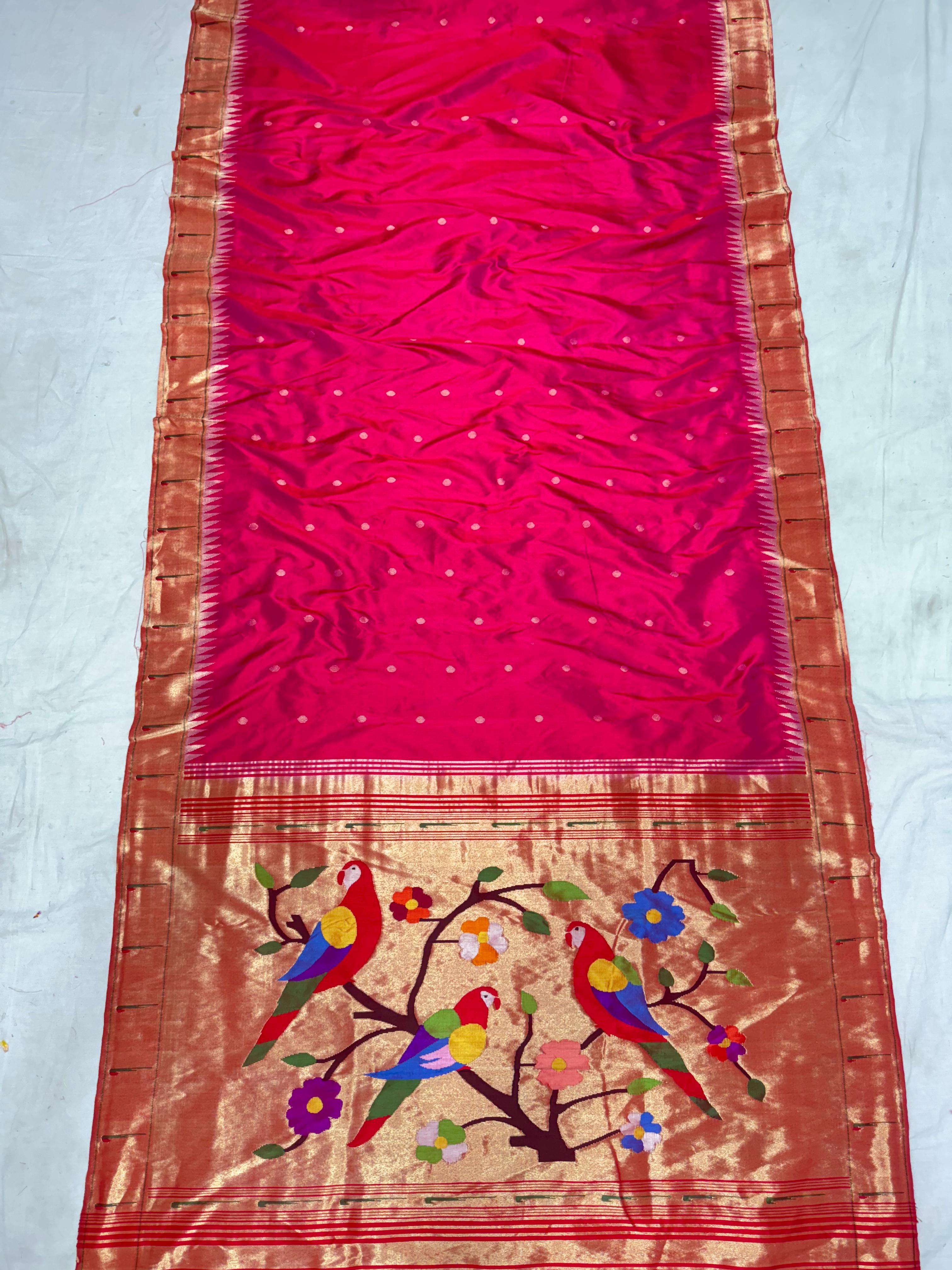 Handloom Pure Muniya Paithani Silk Saree with Parrot design on Pallu 38000/- + Shipping