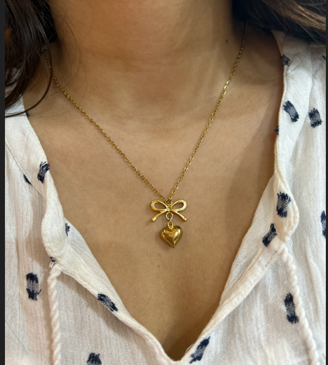 Gold Bow Heart Pendant Necklace