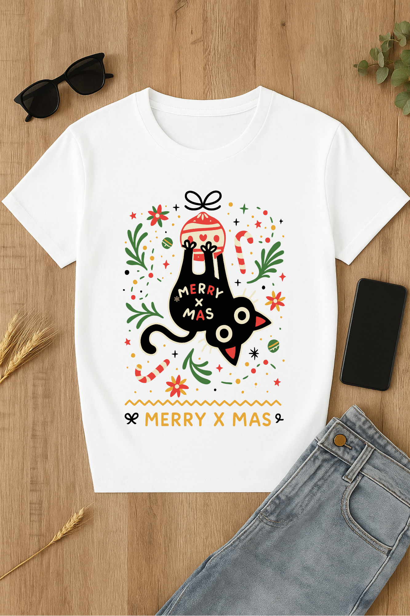 Camiseta 'Merry X Mas' con gato navideño