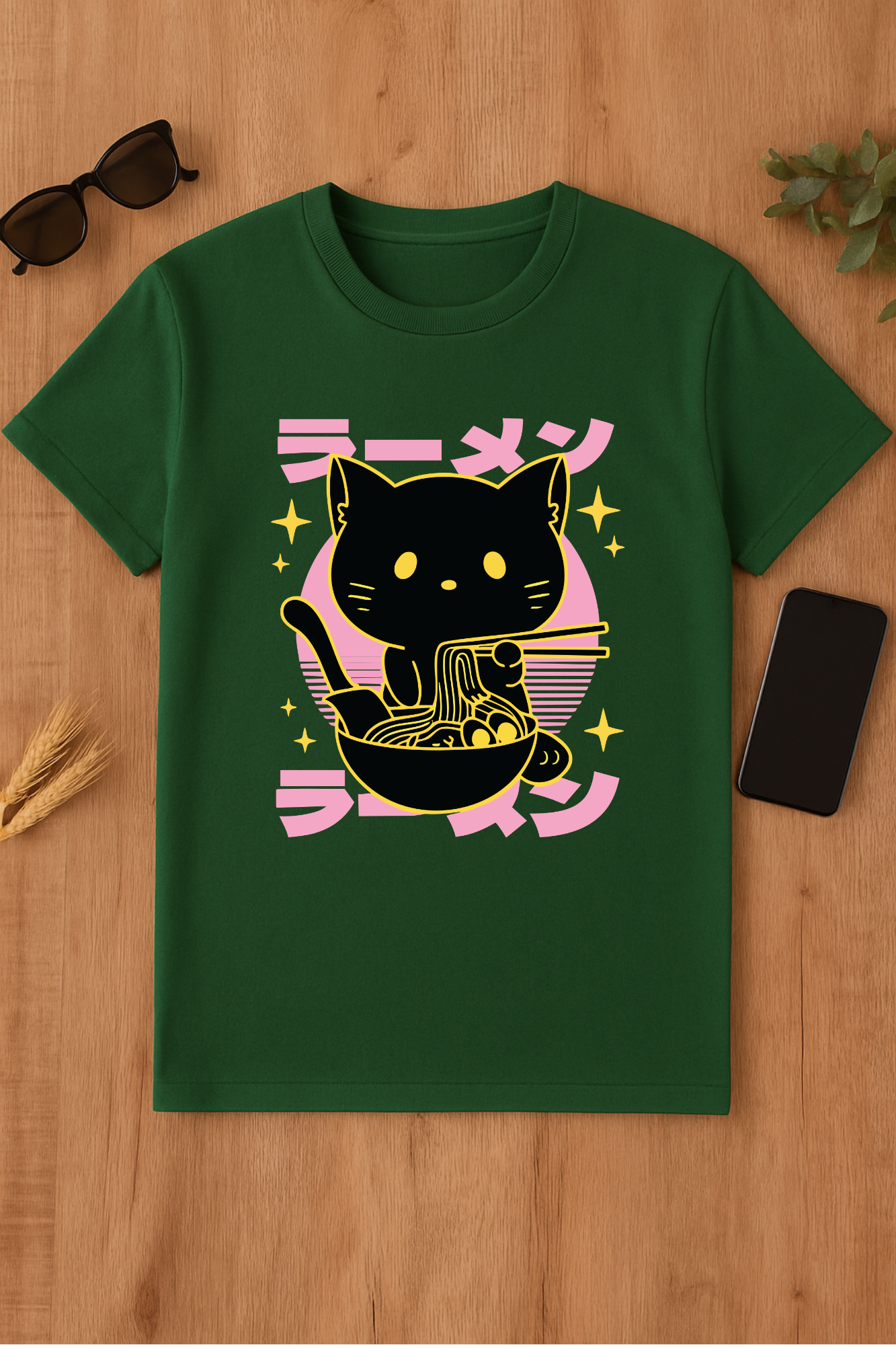 Camiseta verde con gato y ramen
