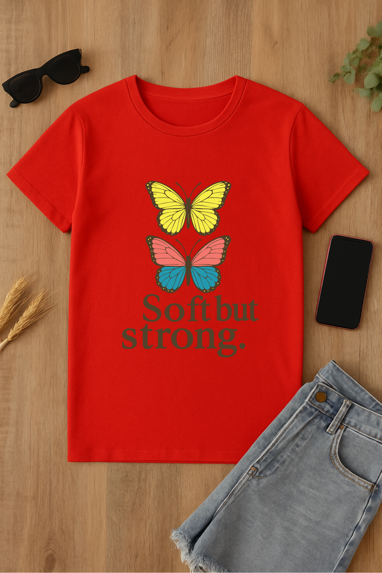 Camiseta roja con mariposas