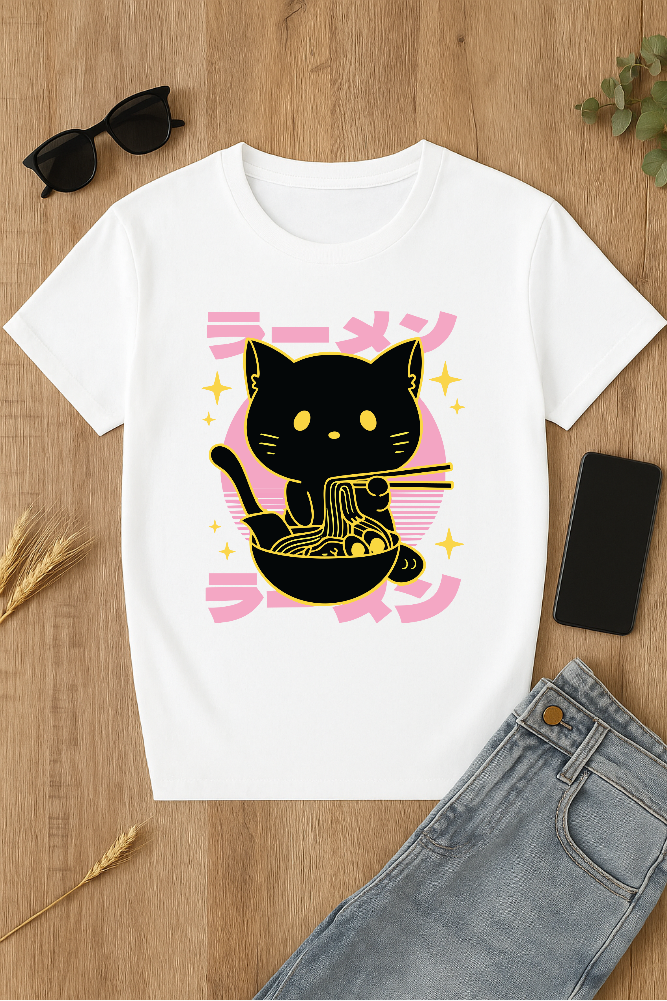 Camiseta de gato con ramen