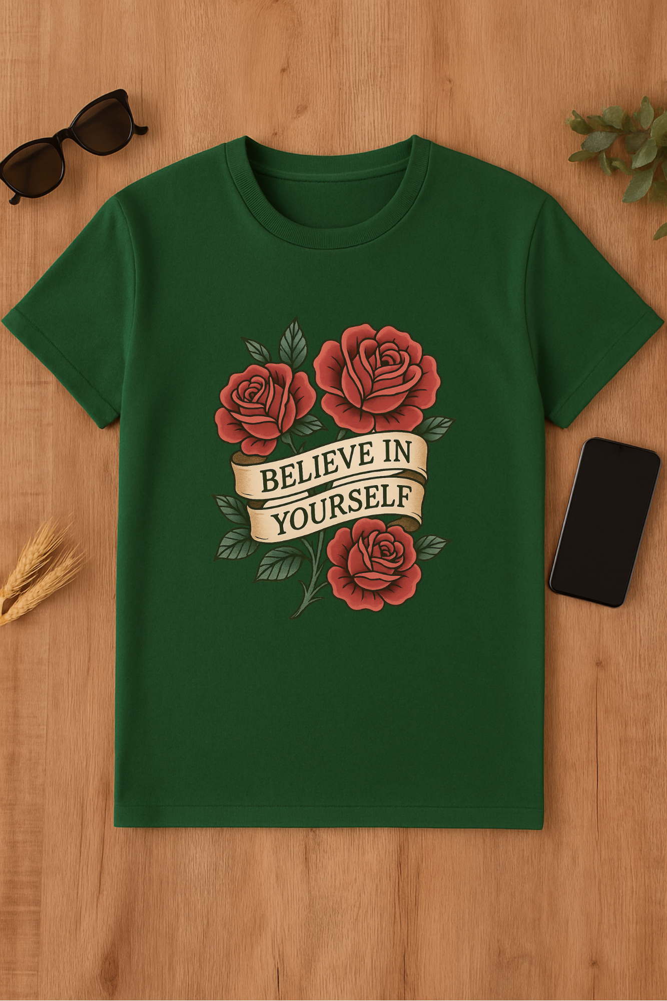 Camiseta verde con rosas y mensaje motivacional