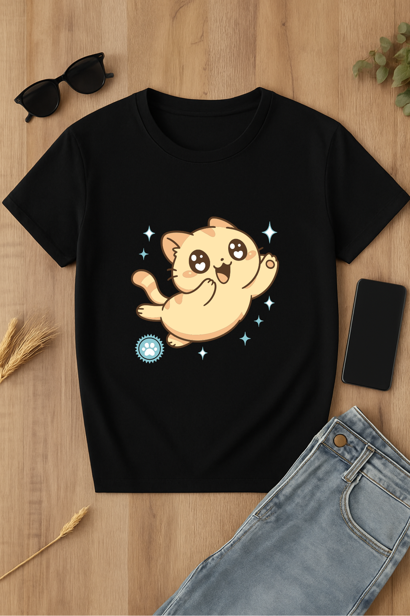 Camiseta negra con diseño de gato kawaii