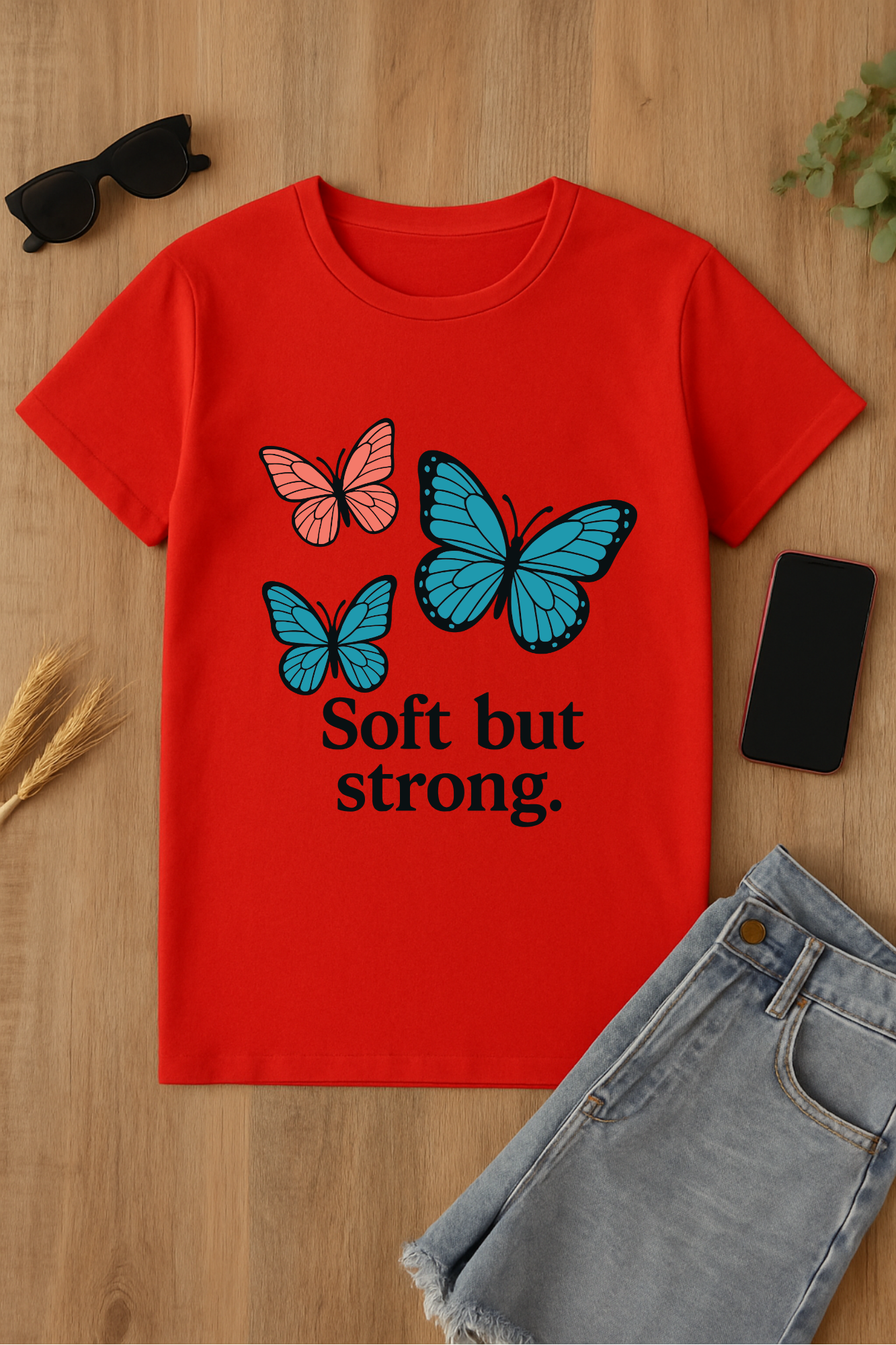 Camiseta roja con mariposas