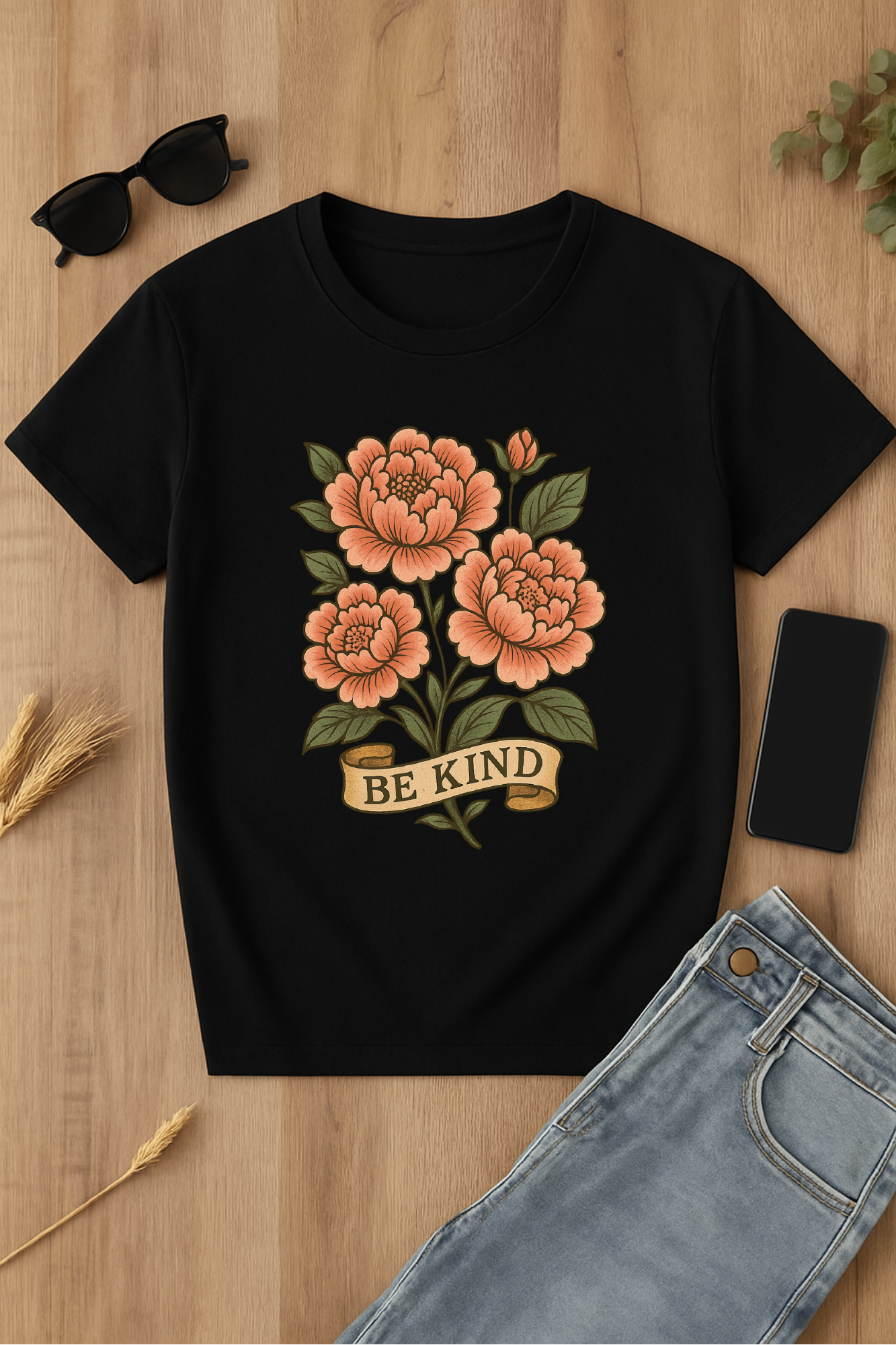 Camiseta negra con diseño floral