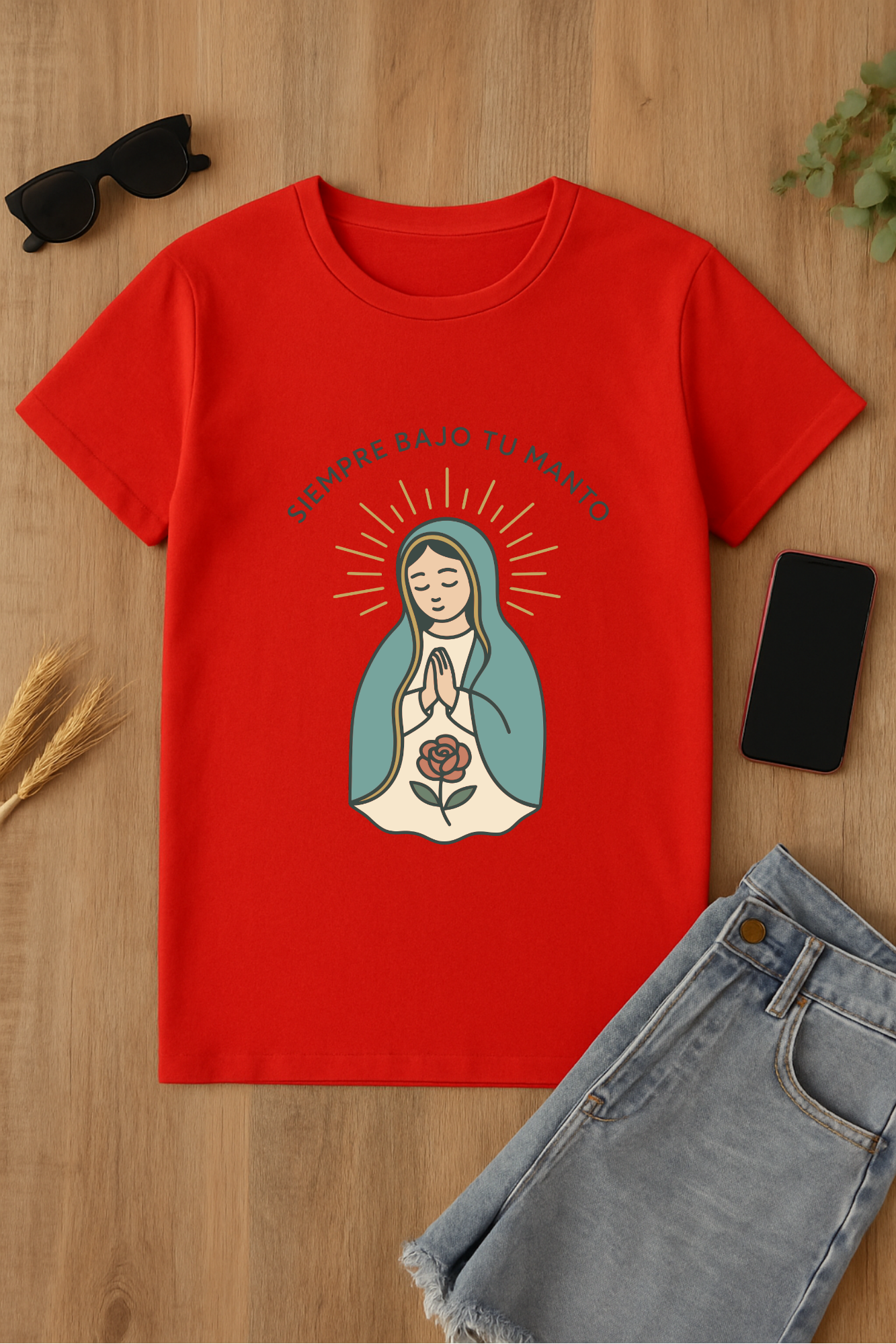 Camiseta roja con estampado religioso
