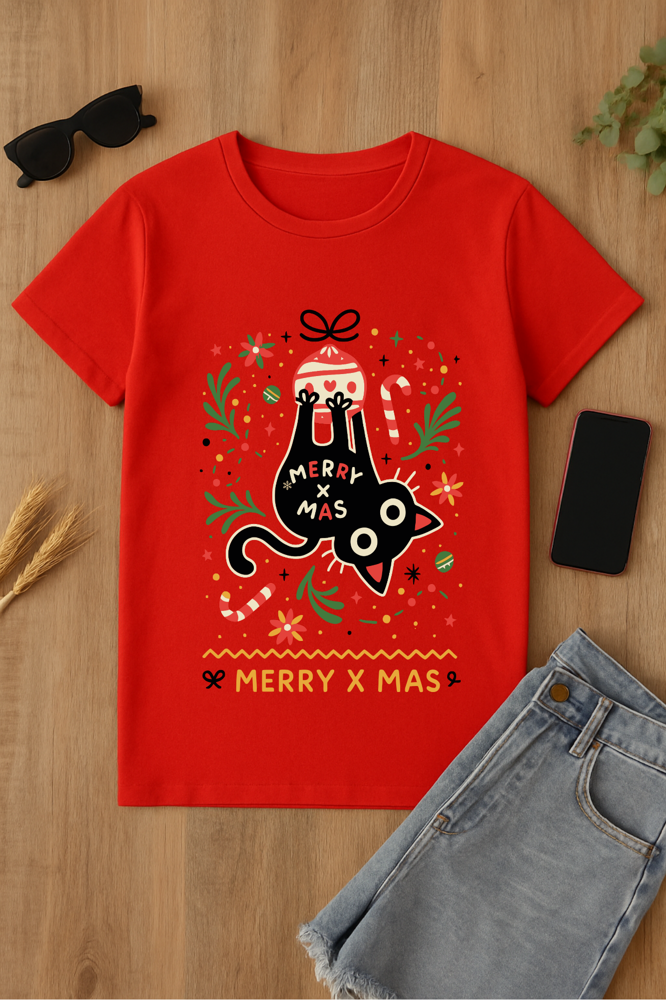 Camiseta roja de Navidad con gato