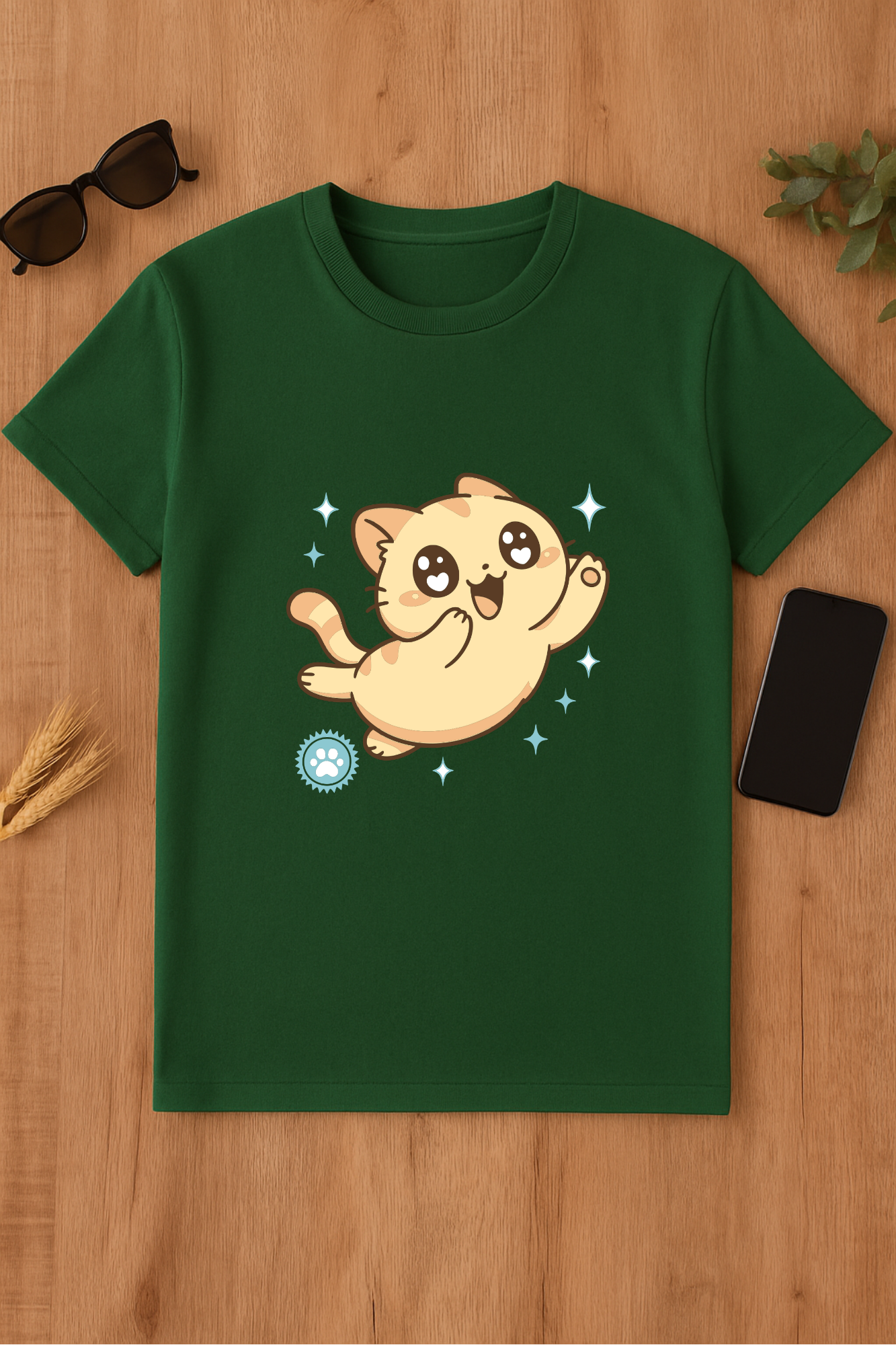 Camiseta verde con dibujo de gato kawaii