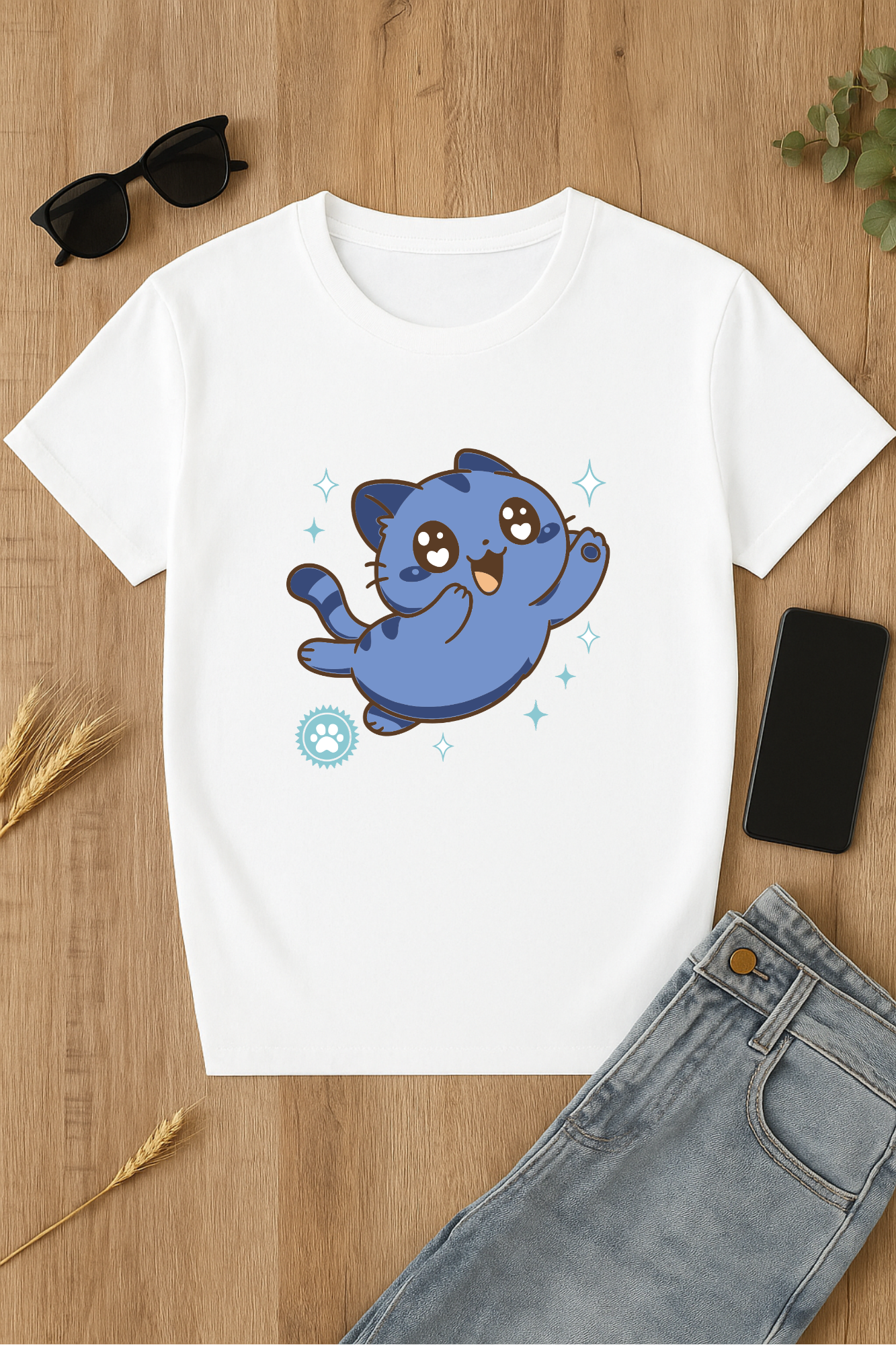 Camiseta con gato azul kawaii