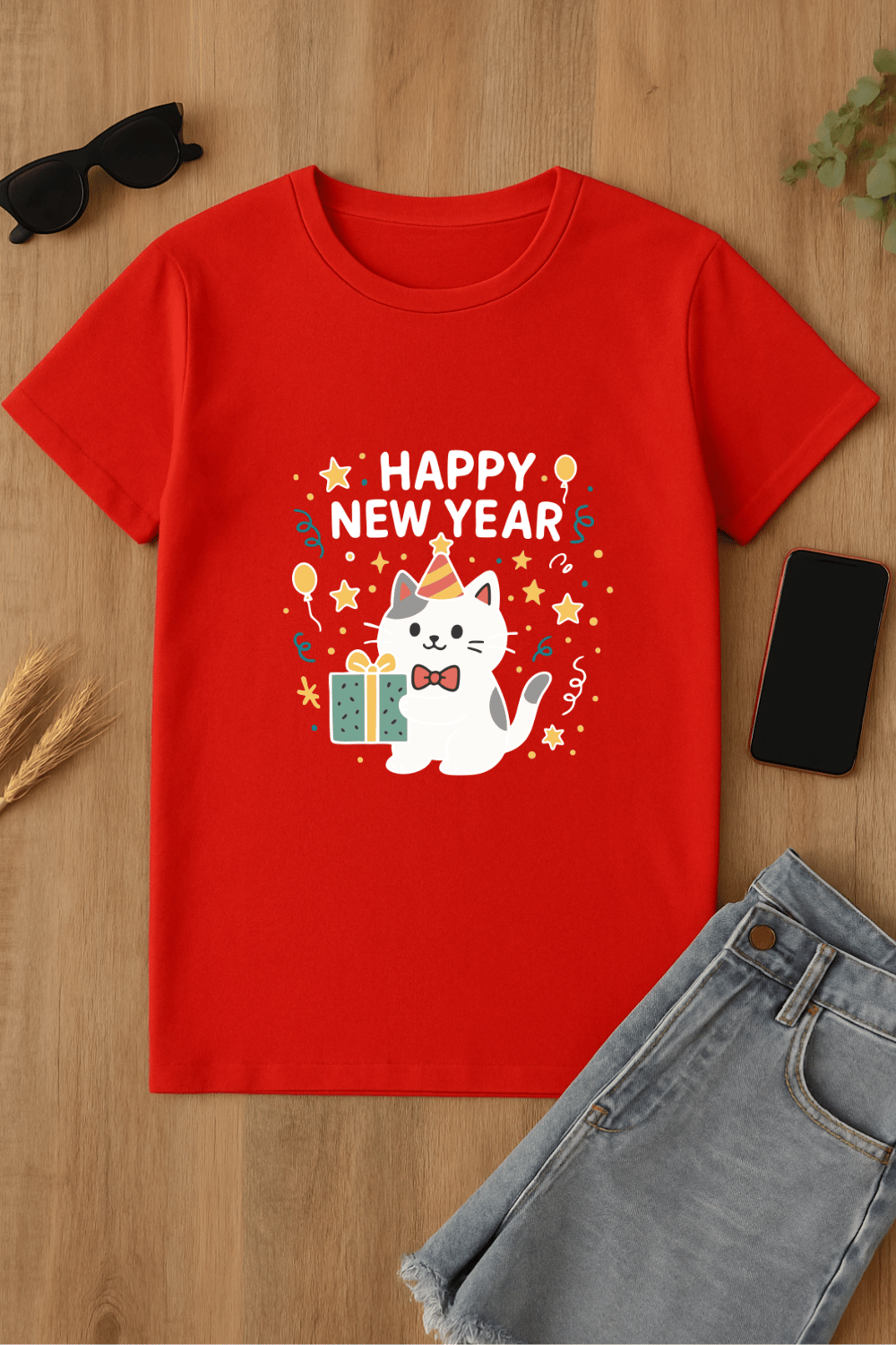 Camiseta roja de Año Nuevo con gato