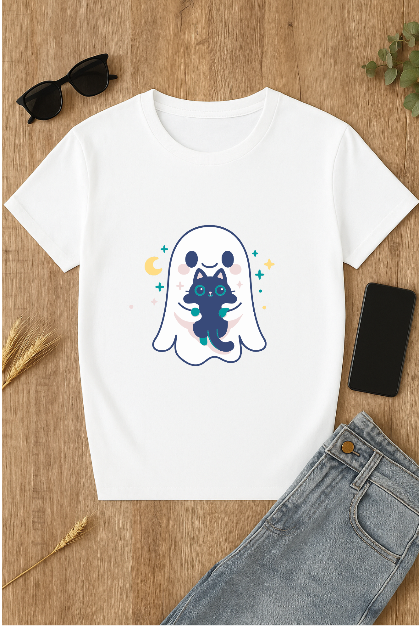 Camiseta blanca con diseño de fantasma y gato