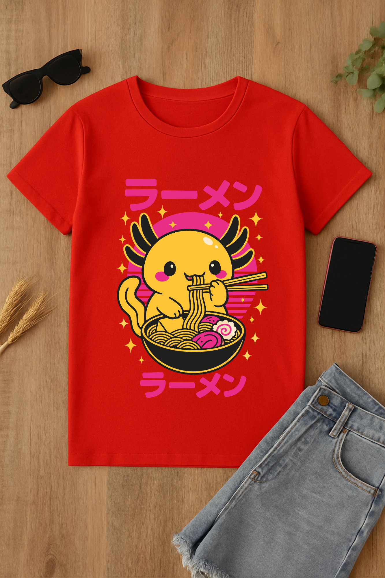 Camiseta roja con dibujo de ramen