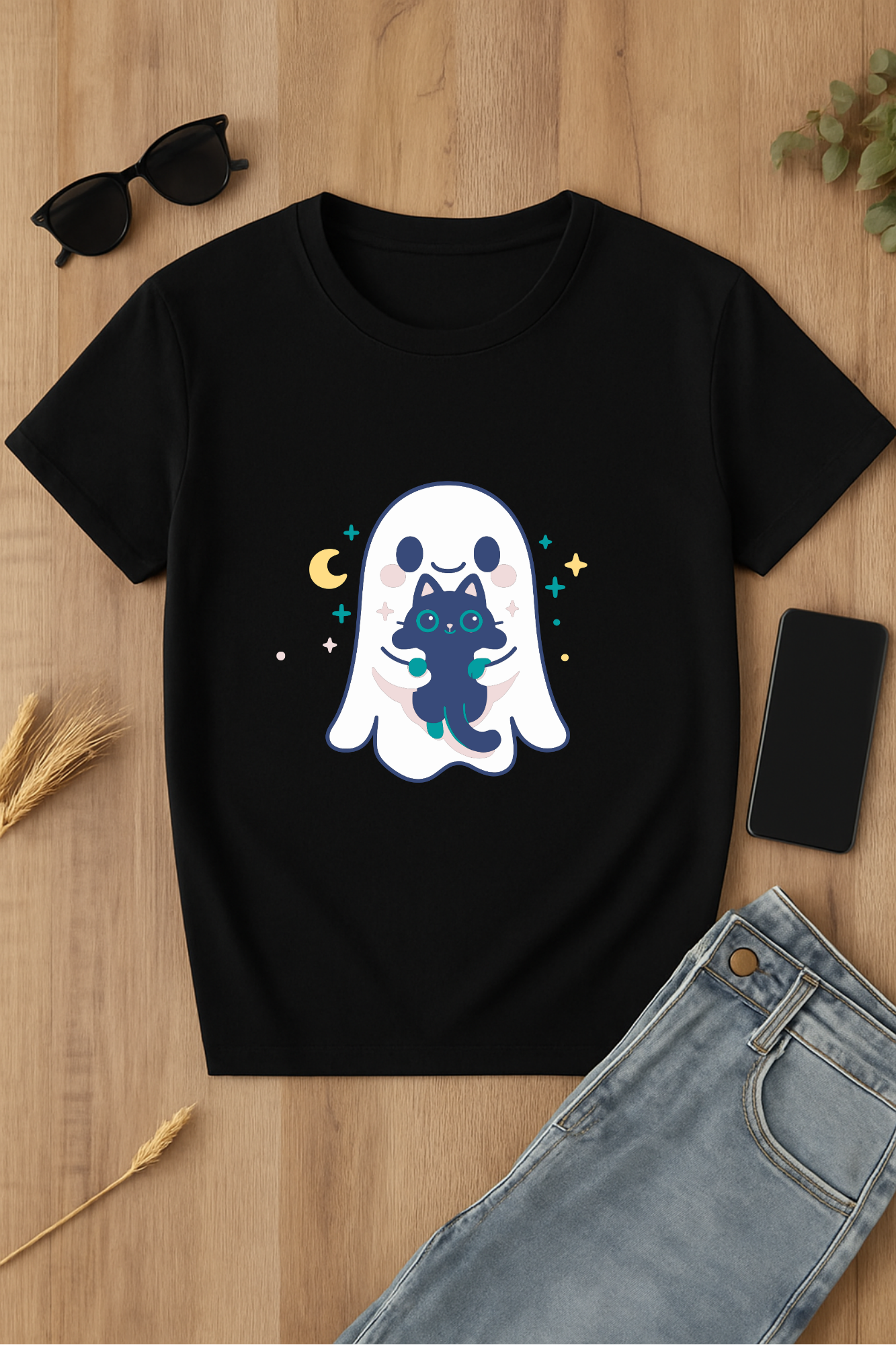 Camiseta negra con diseño de fantasma y gato