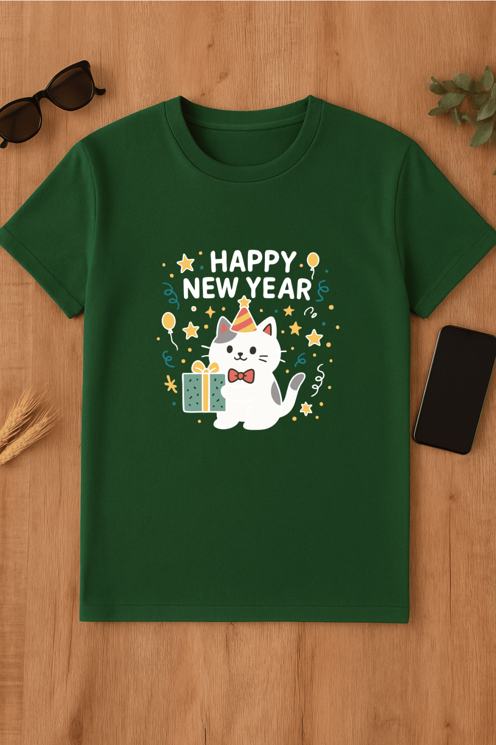 Camiseta Feliz Año Nuevo con gato