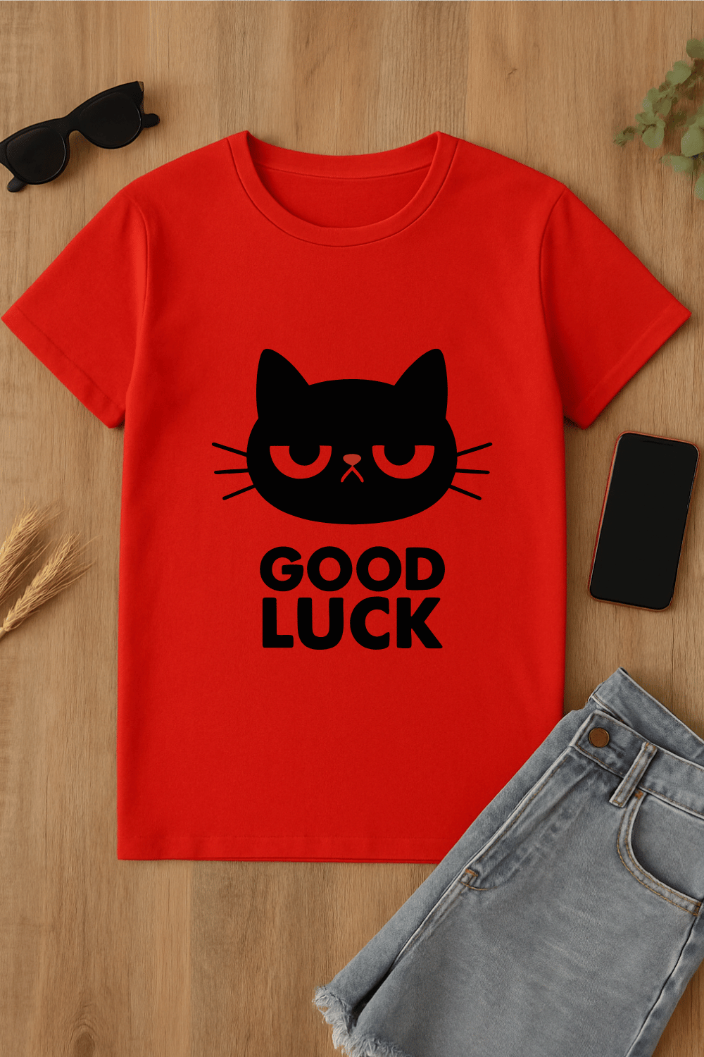 Camiseta roja con estampado de gato