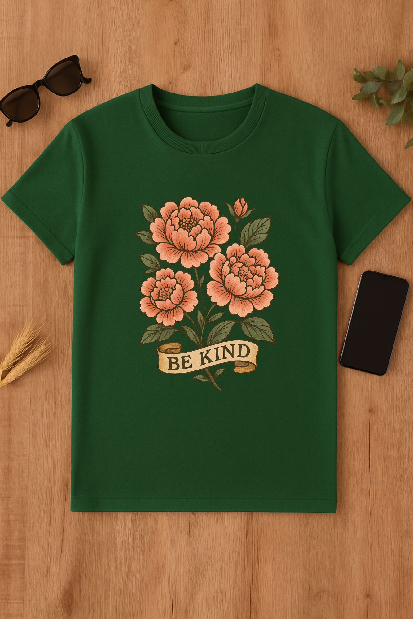 Camiseta verde con diseño floral y mensaje