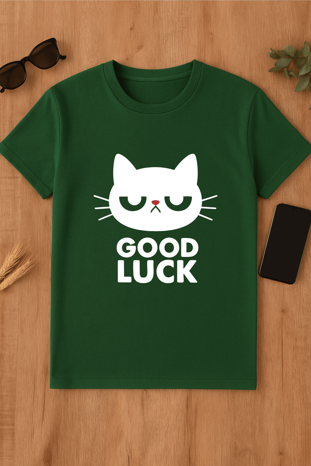 Camiseta verde con gato y mensaje Good Luck