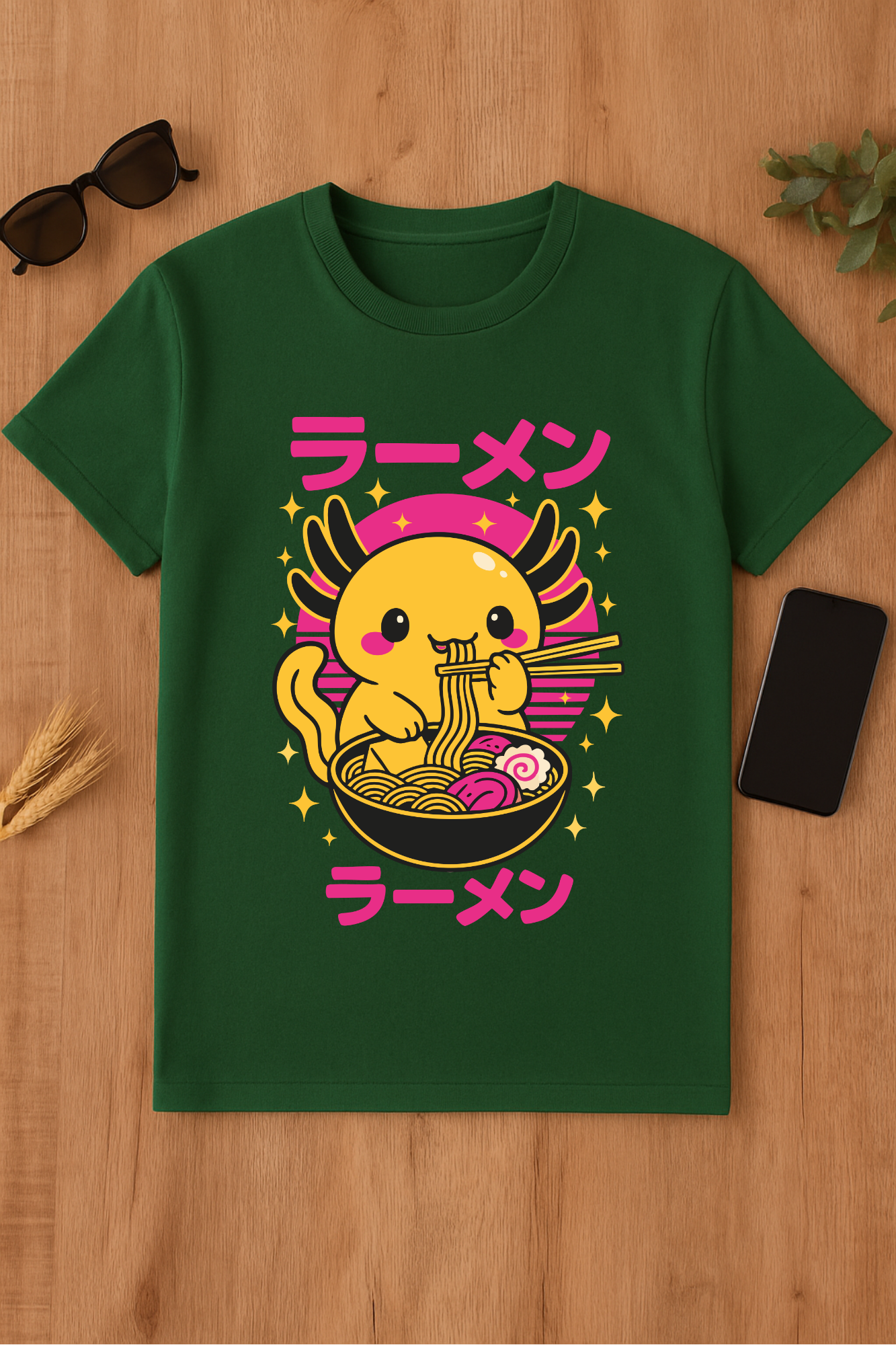 Camiseta verde con axolote y ramen