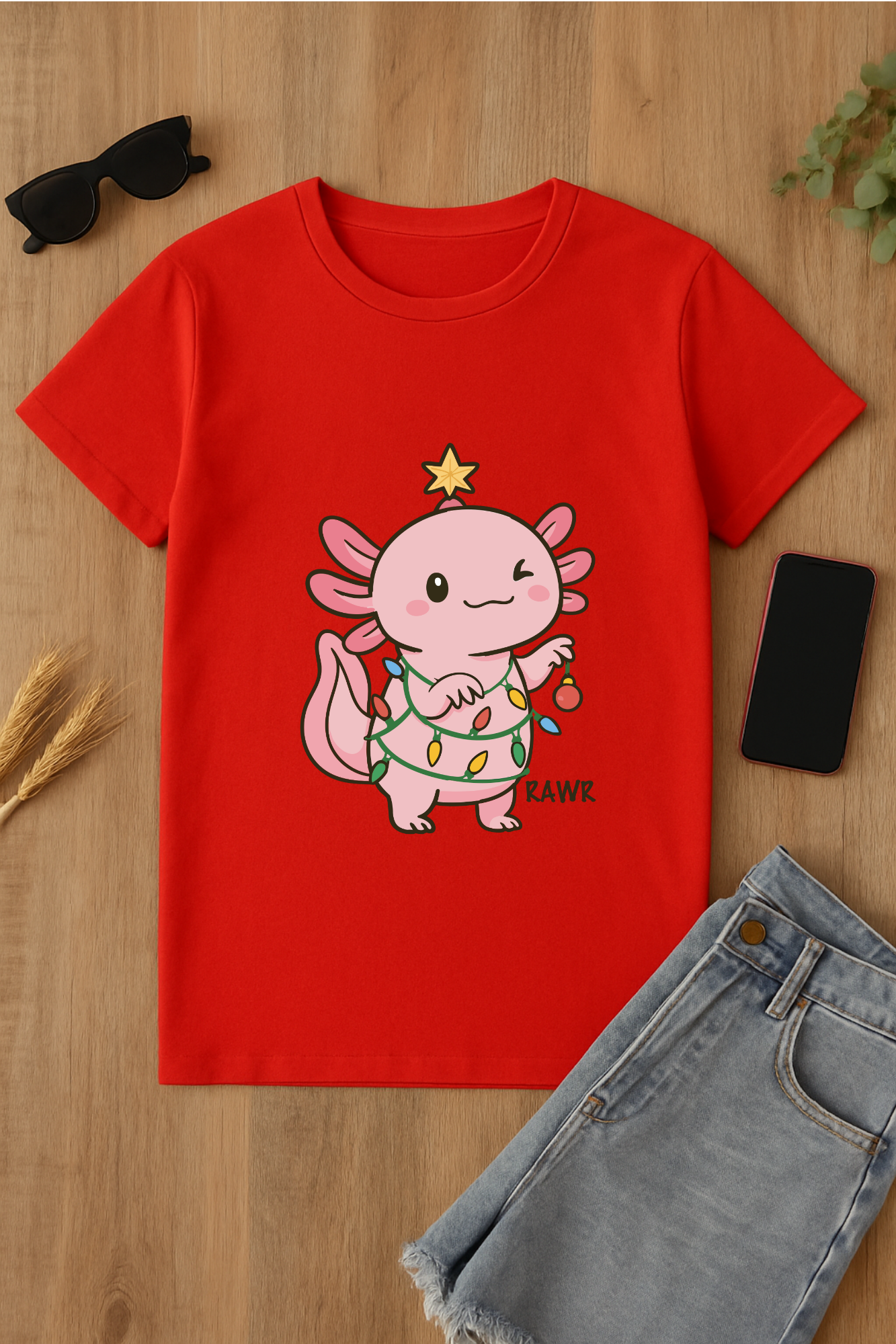 Camiseta roja de axolote navideño