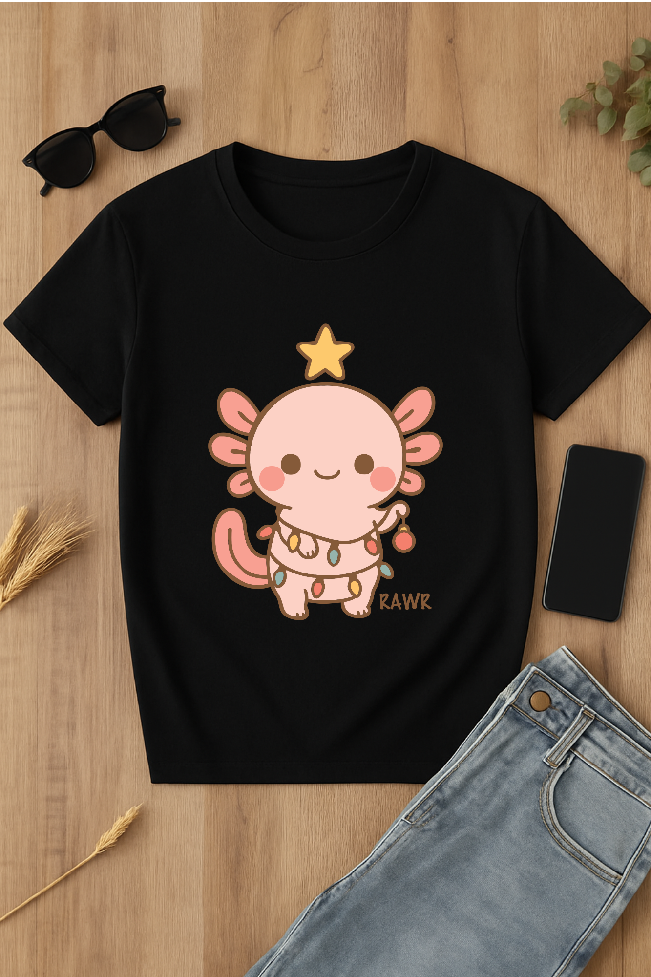 Camiseta negra con axolote kawaii