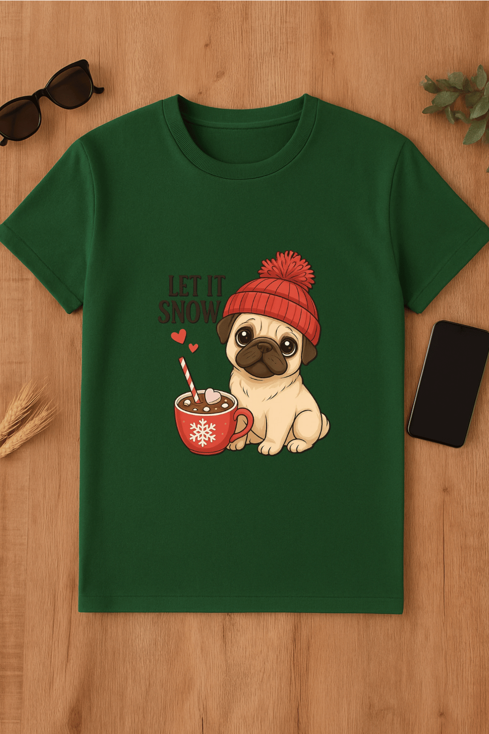 Camiseta verde con estampado de pug