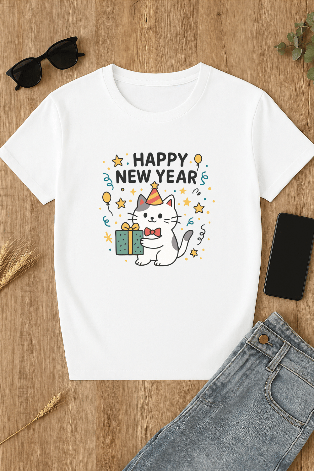 Camiseta de Año Nuevo con gato