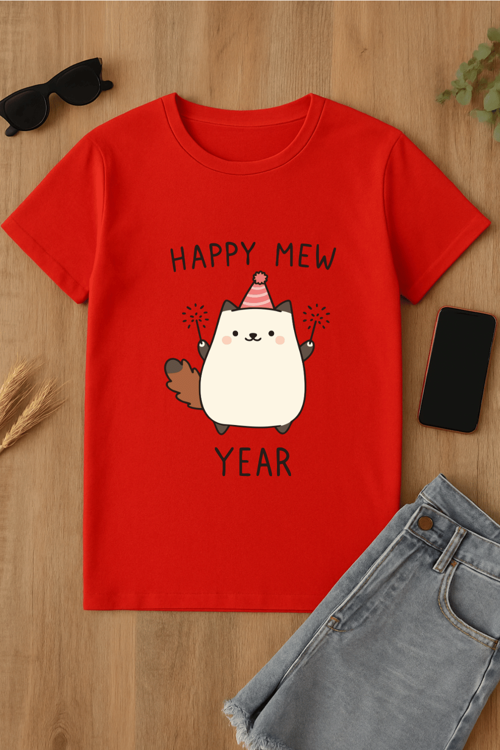 Camiseta roja de año nuevo con gato