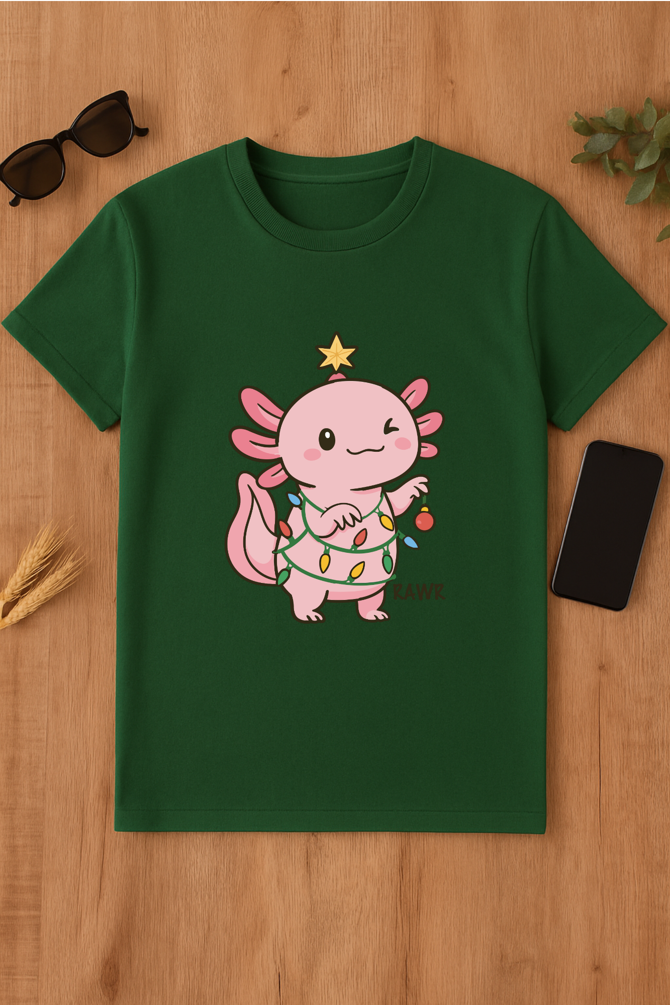 Camiseta verde con axolote navideño