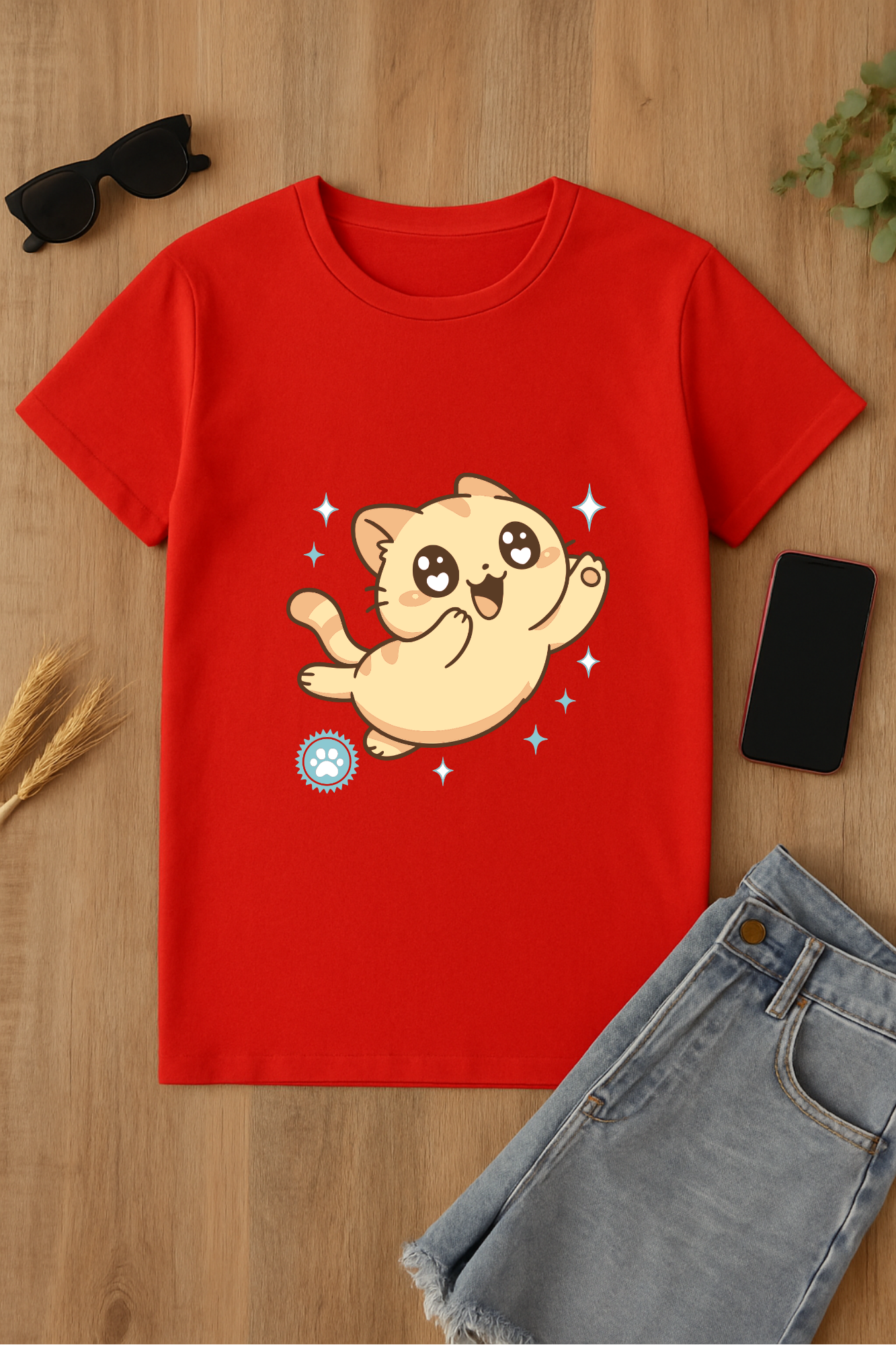 Camiseta roja con gato animado