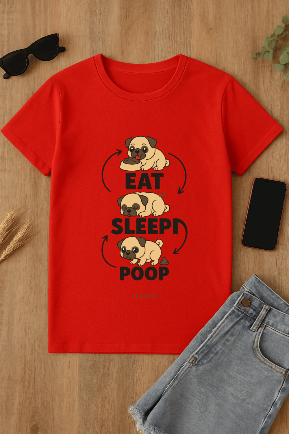 Camiseta roja con estampado de perro pug
