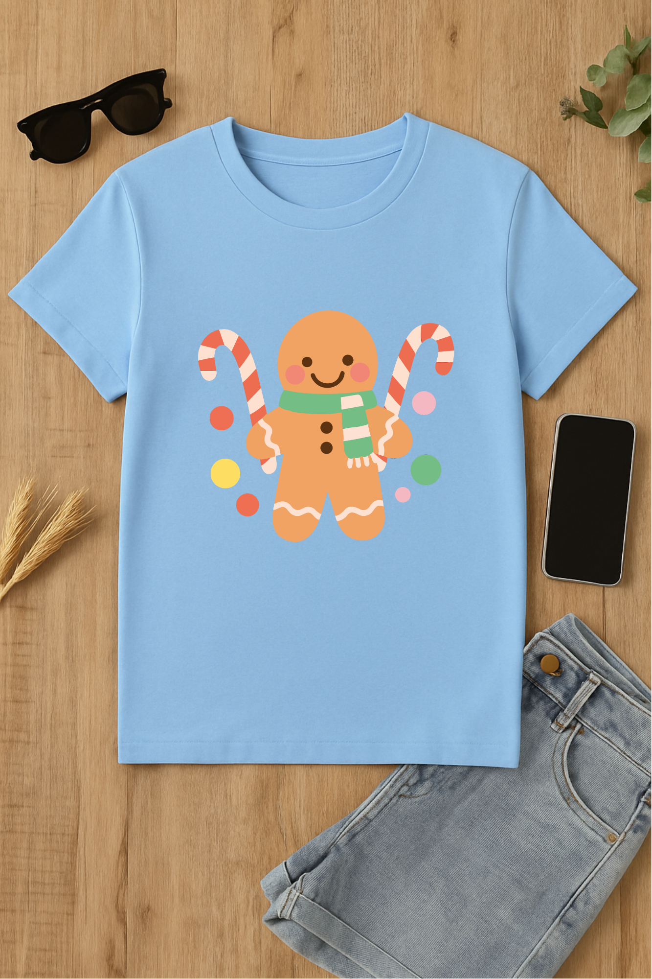 Camiseta azul con diseño de muñeco de jengibre