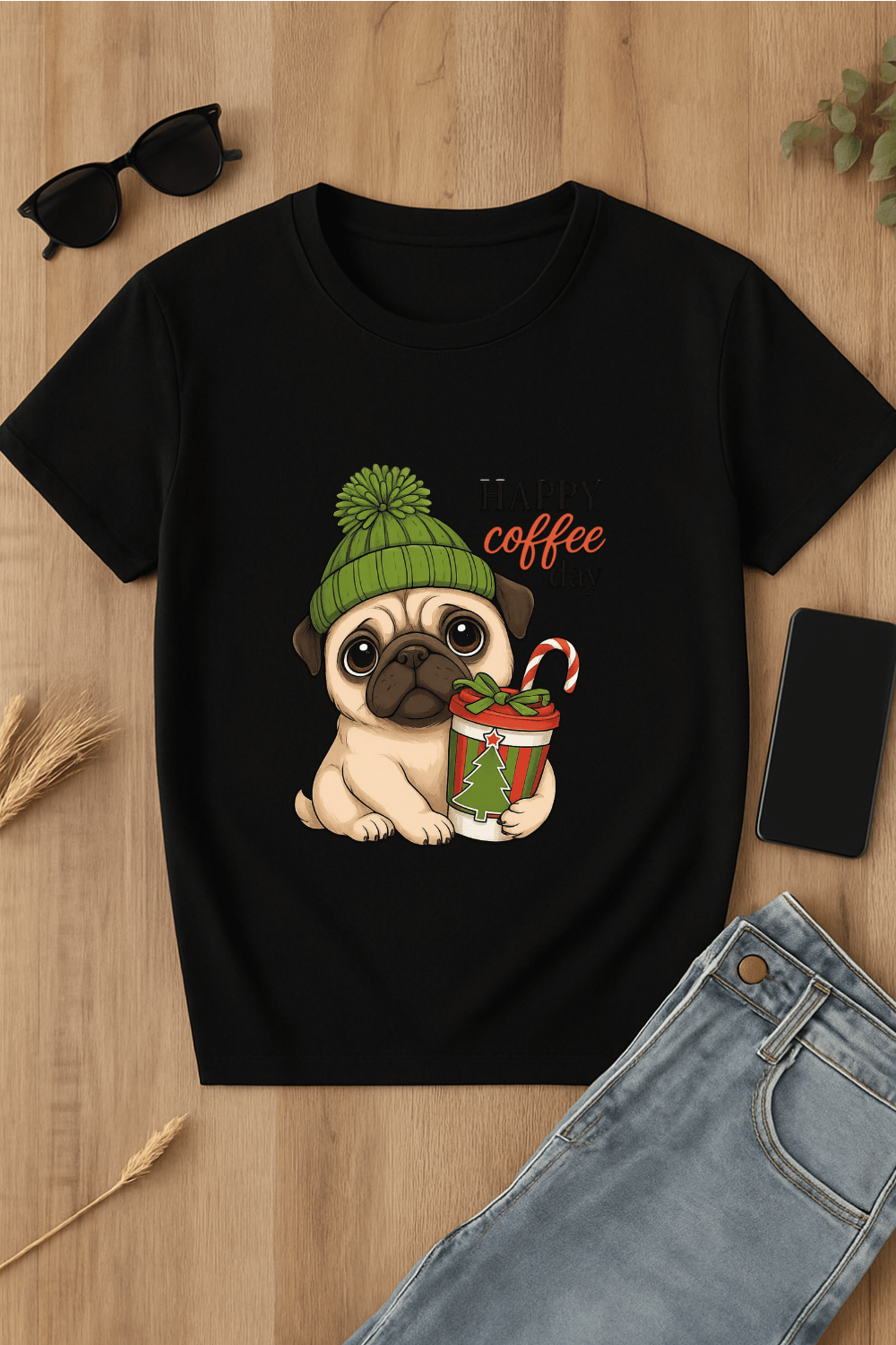 Camiseta negra con diseño de perro y café