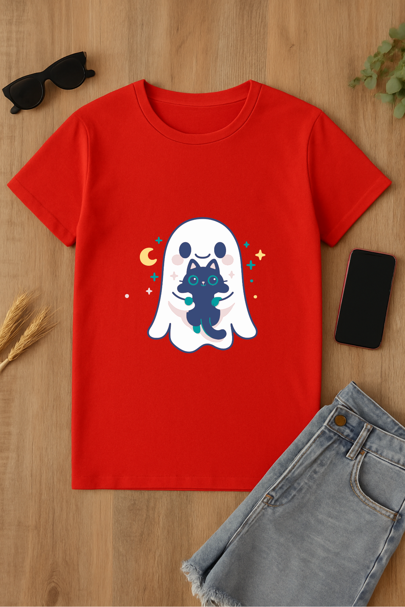 Camiseta roja con estampado de fantasma y gato