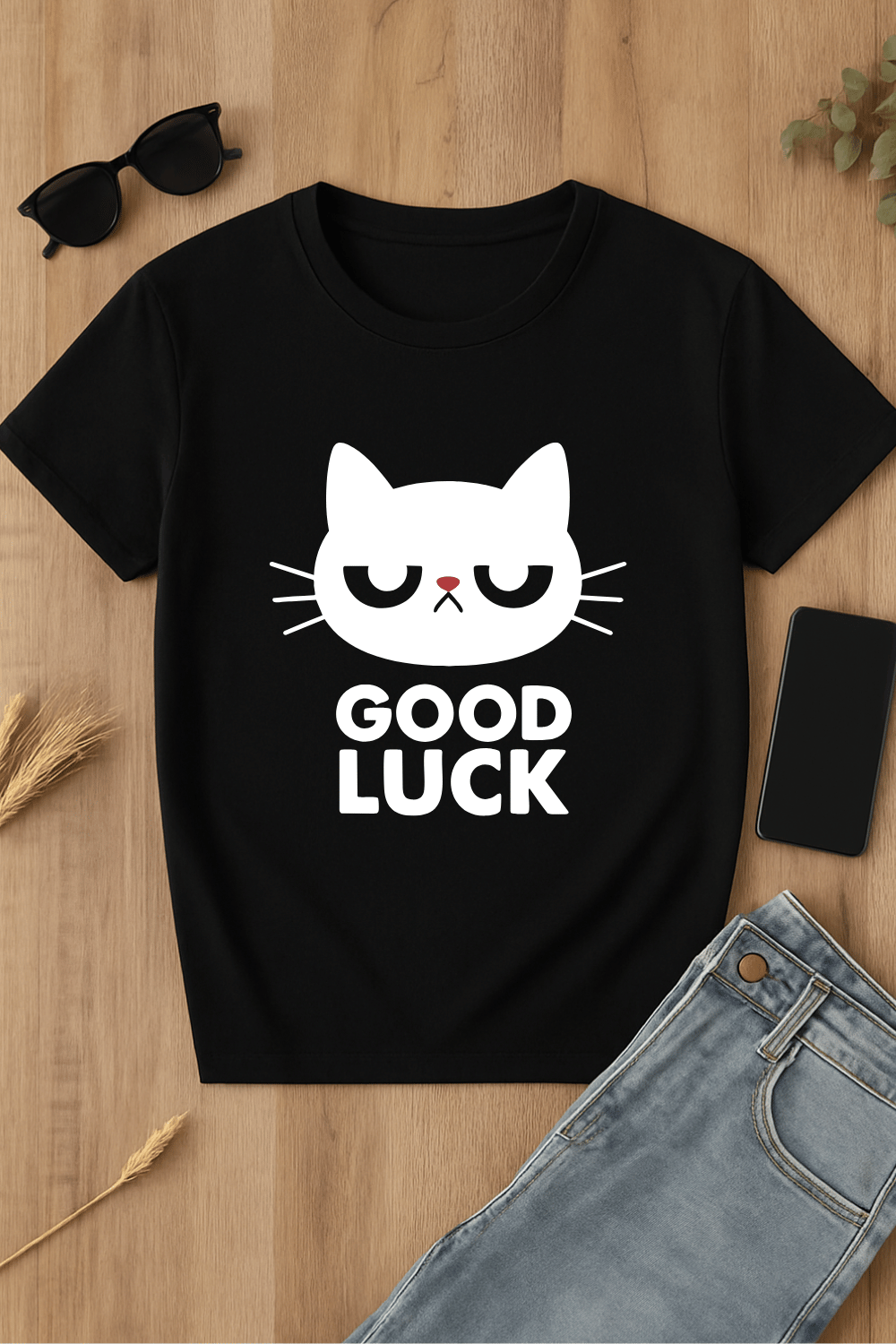 Camiseta negra con estampado de gato