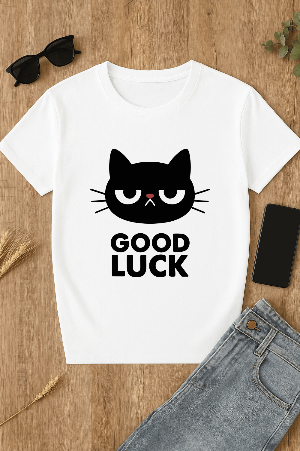 Camiseta 'Good Luck' con gato