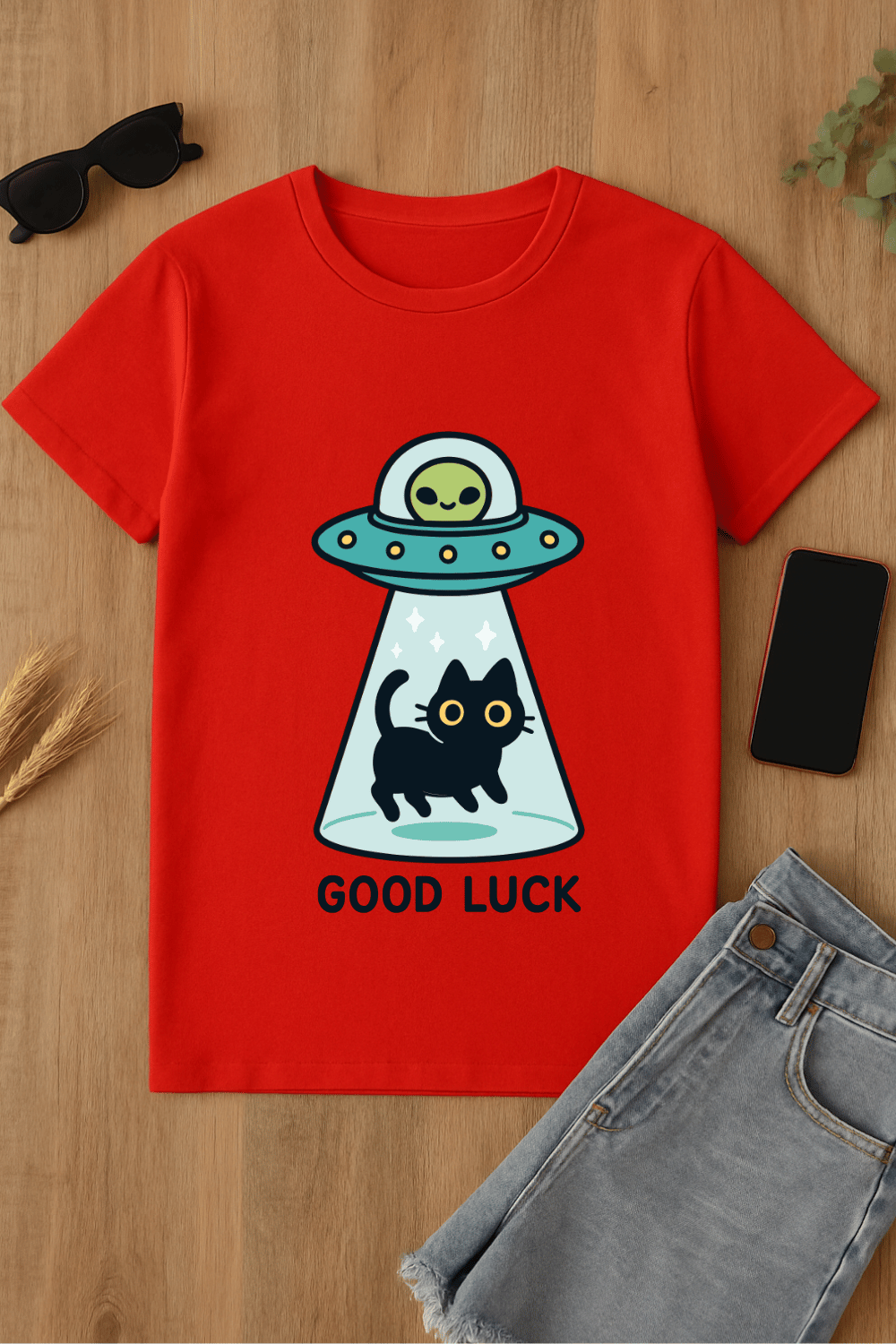 Camiseta roja con diseño de gato y ovni