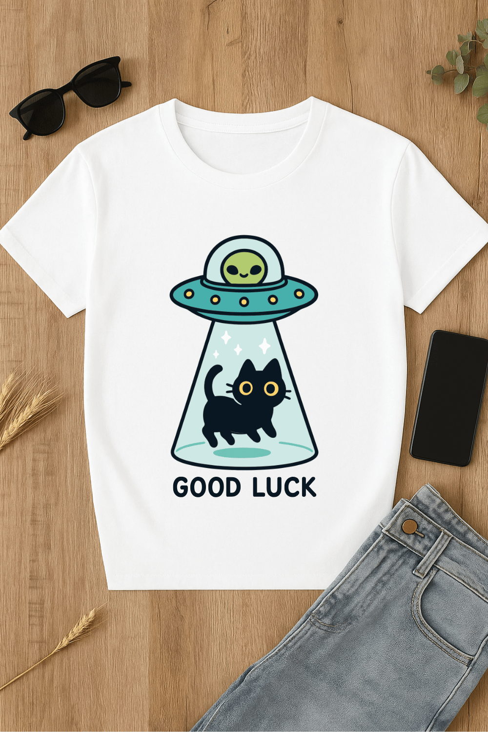 Camiseta con diseño de OVNI y gato
