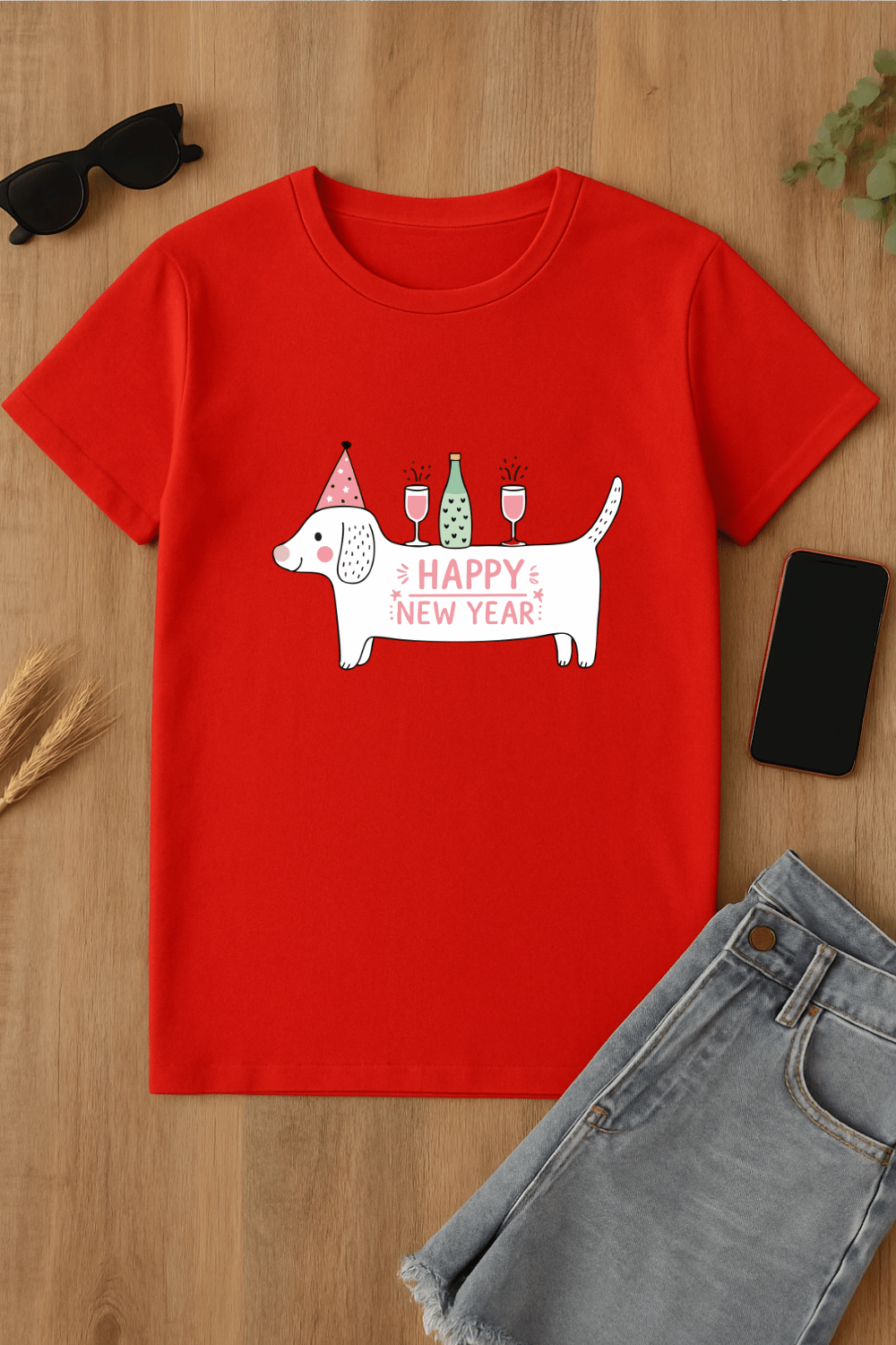 Camiseta roja de perro 'Happy New Year'